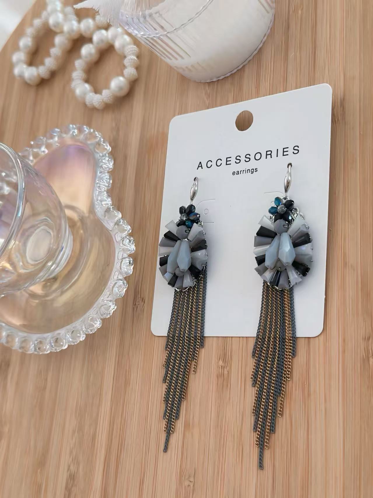 Black, Grey, and Blue Floral Earrings with Chain Tassels