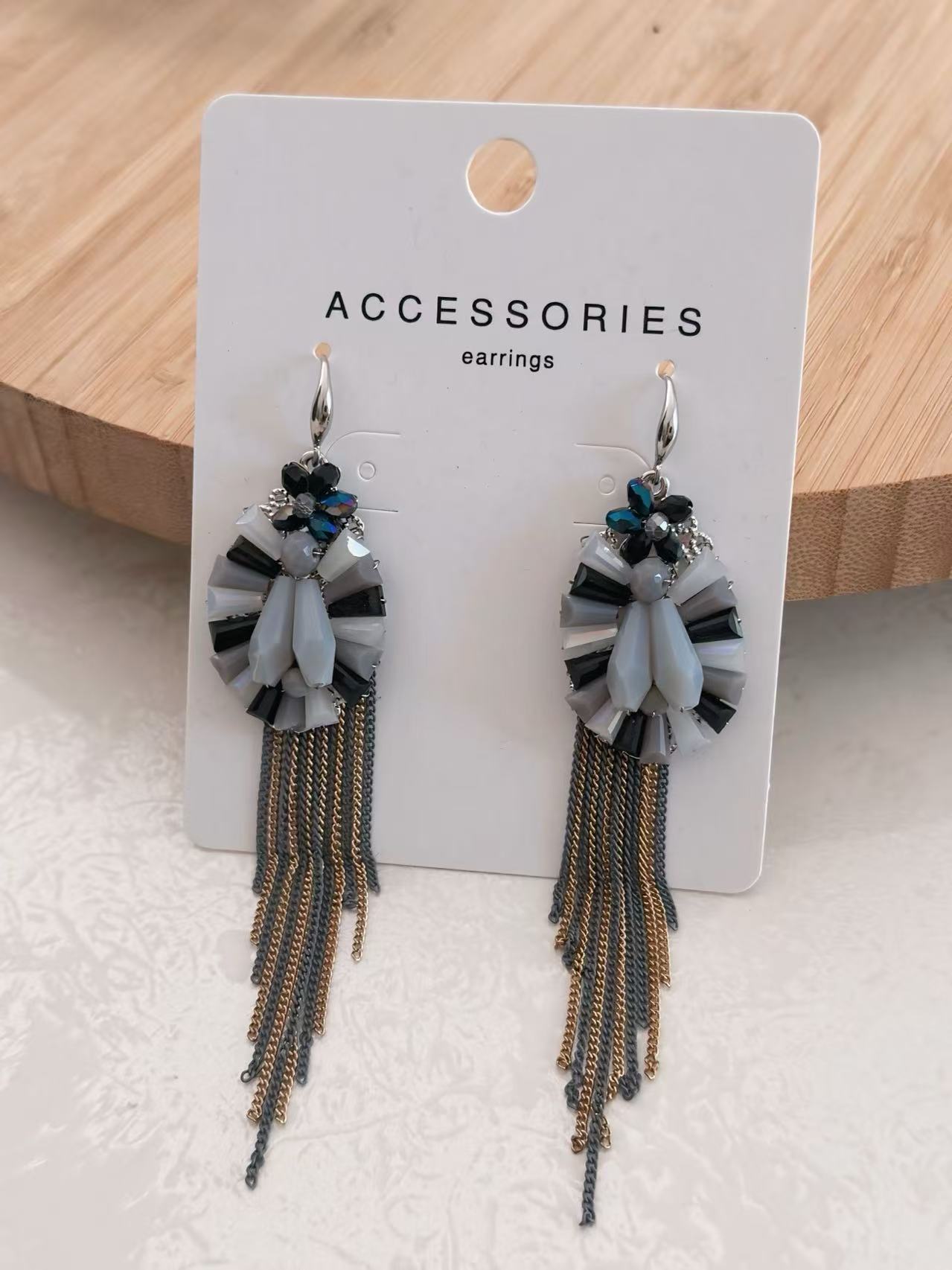 Black, Grey, and Blue Floral Earrings with Chain Tassels