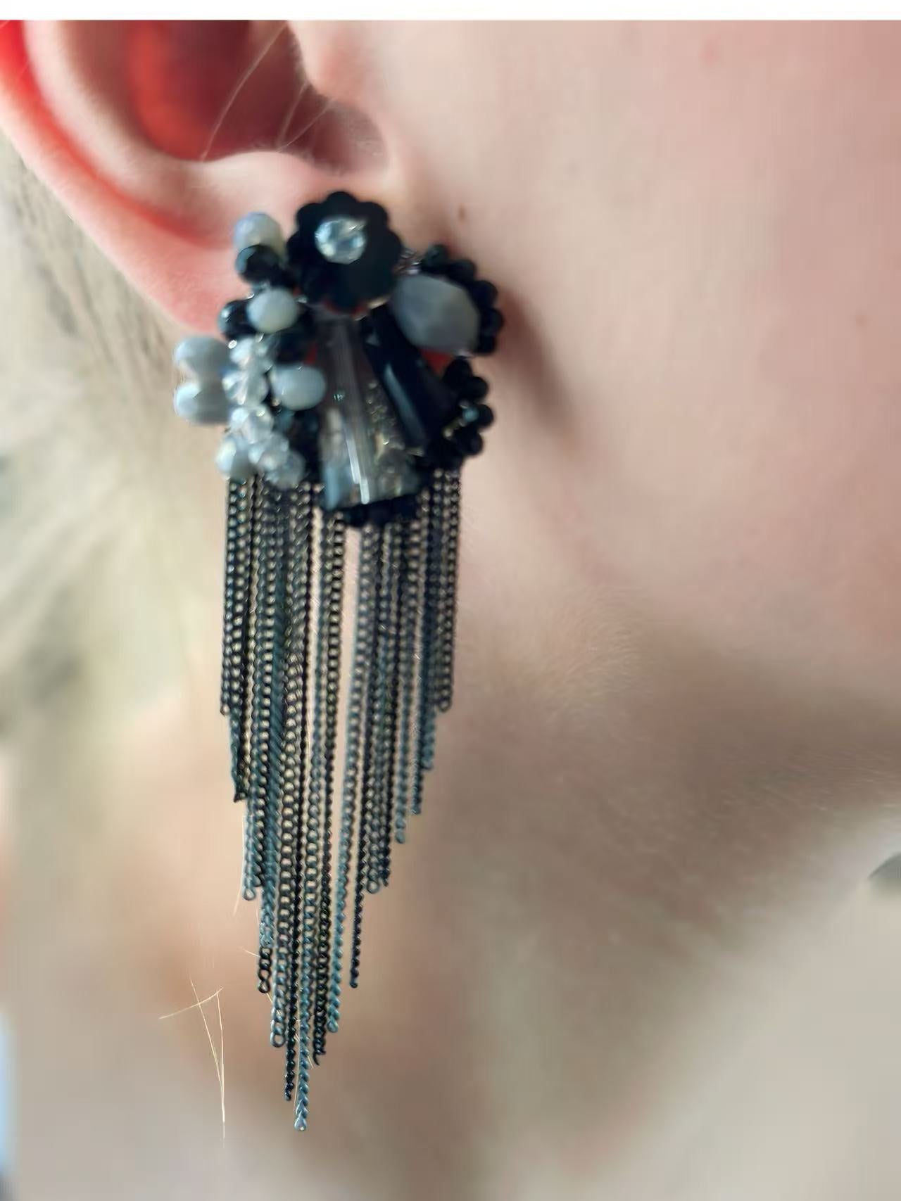 Black and Grey Floral Earrings with Cascading Chain Fringes