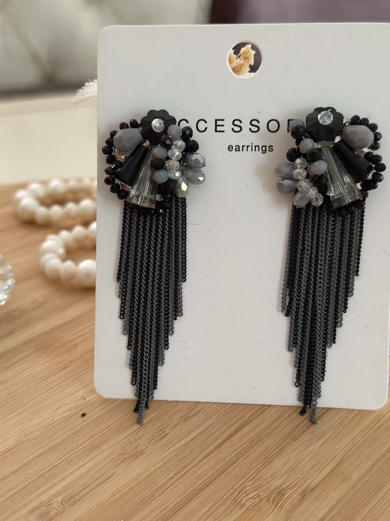 Black and Grey Floral Earrings with Cascading Chain Fringes