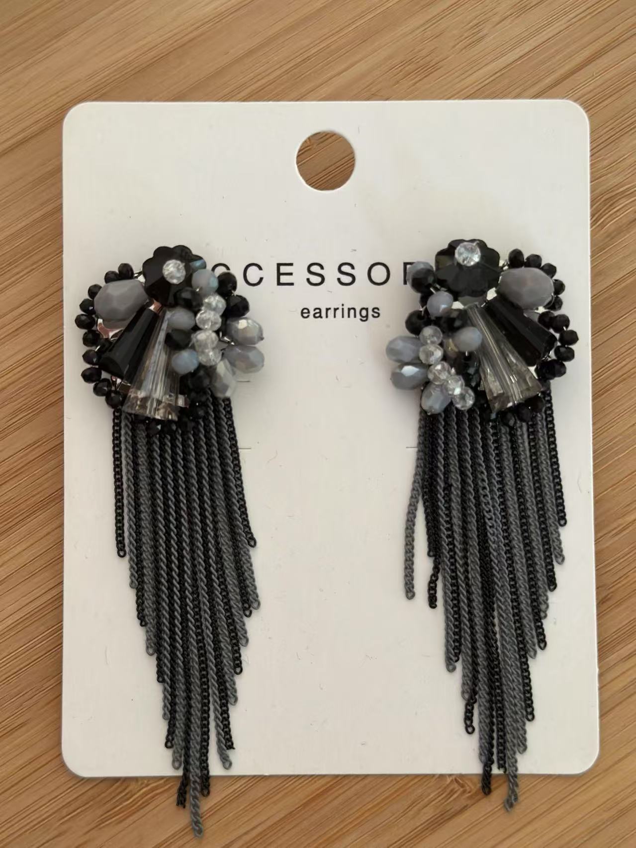 Black and Grey Floral Earrings with Cascading Chain Fringes