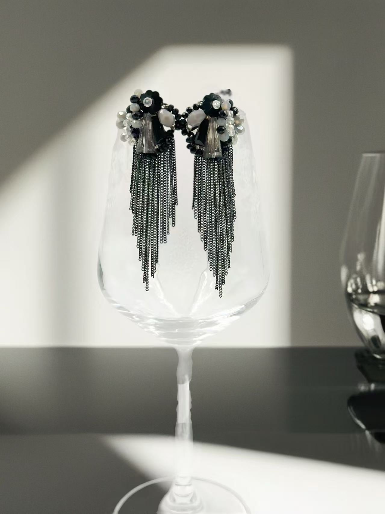 Black and Grey Floral Earrings with Cascading Chain Fringes