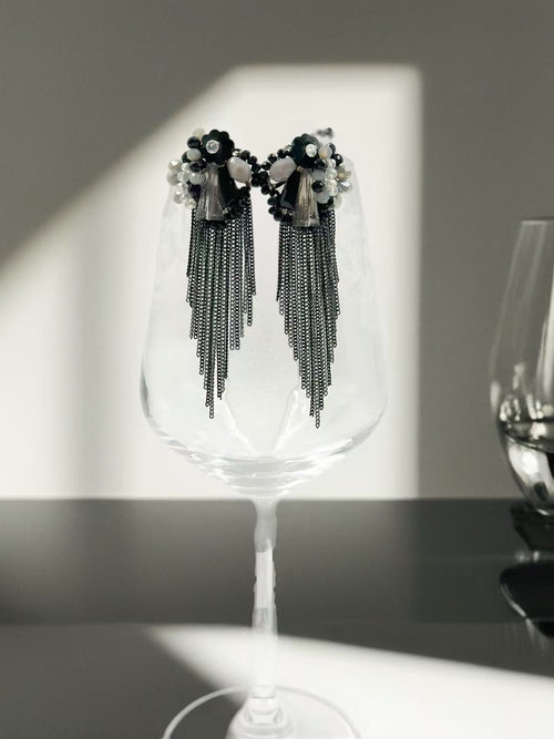 Black and Grey Floral Earrings with Cascading Chain Fringes