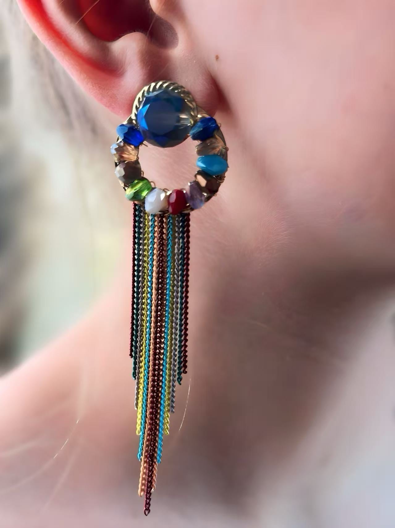 Boho Chic Beaded Hoop Earring with Colorful Chain Fringe