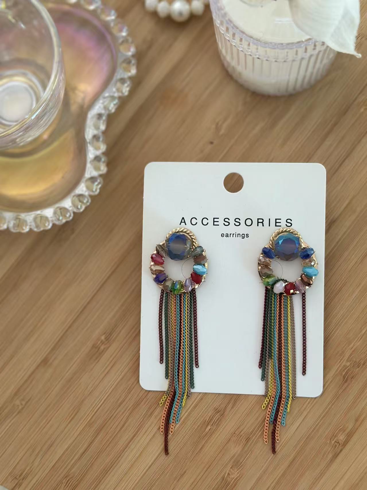 Boho Chic Beaded Hoop Earring with Colorful Chain Fringe