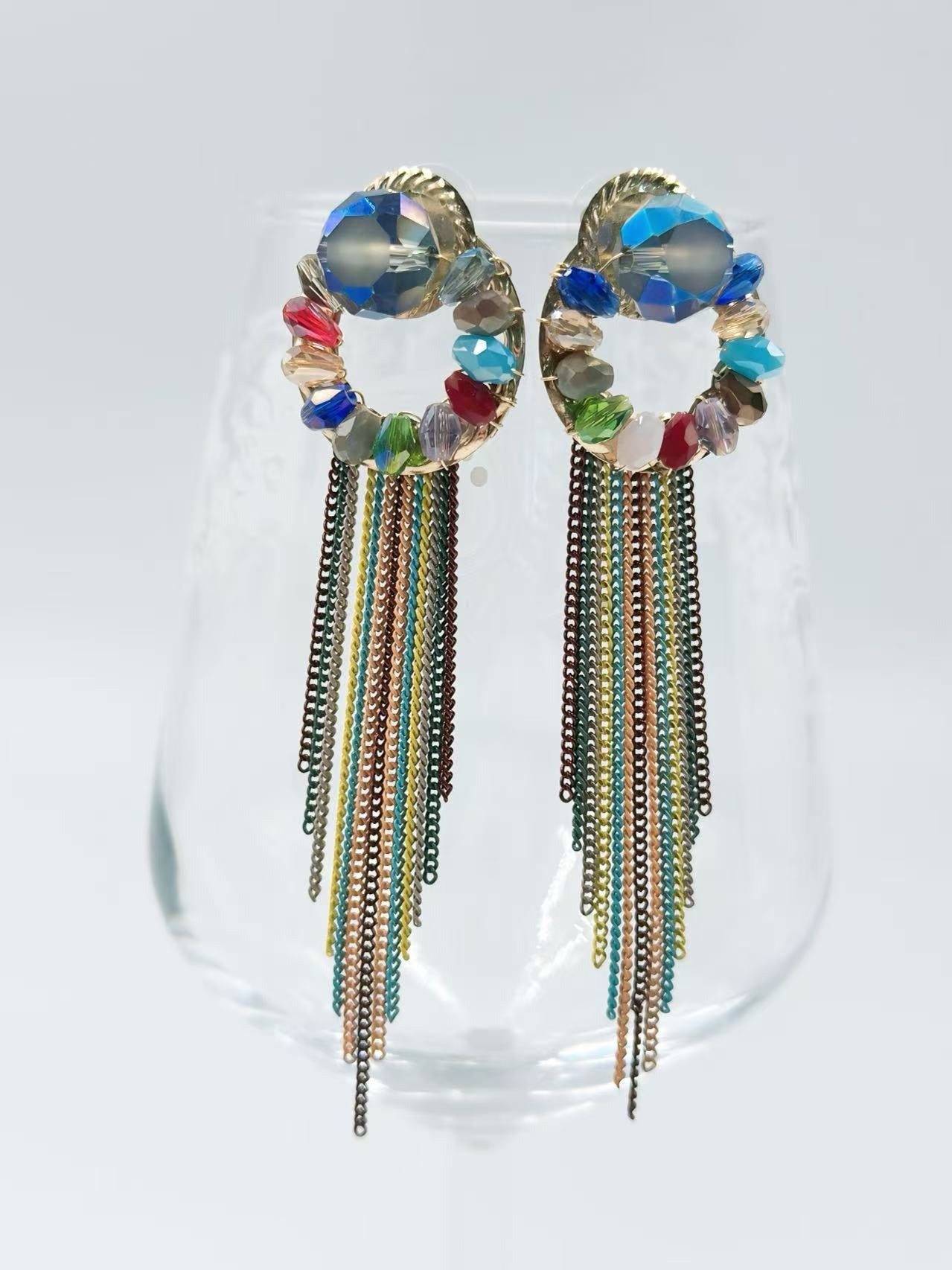 Boho Chic Beaded Hoop Earring with Colorful Chain Fringe