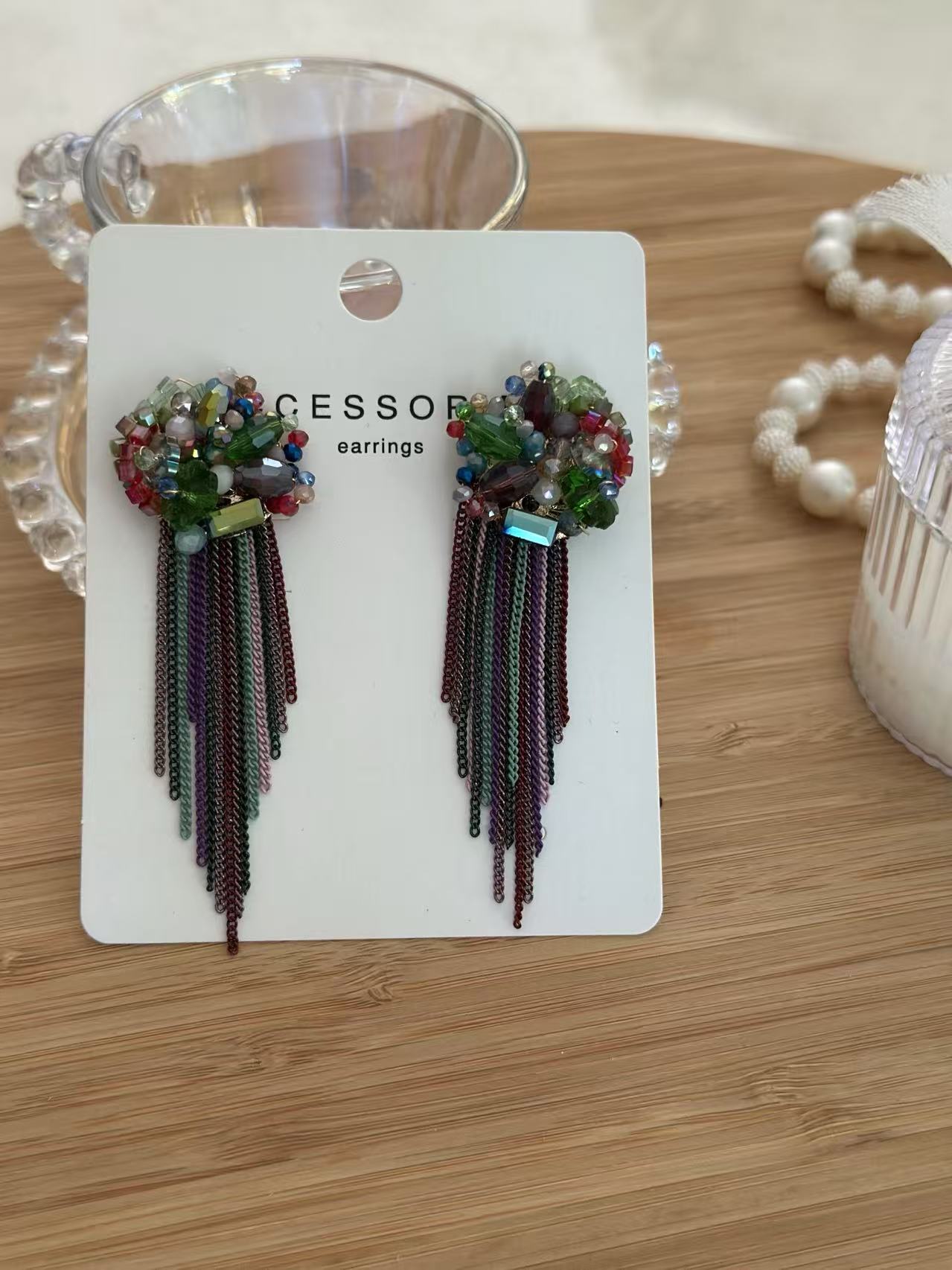 Colorful Beaded Cluster Earrings with Draped Chain Fringe