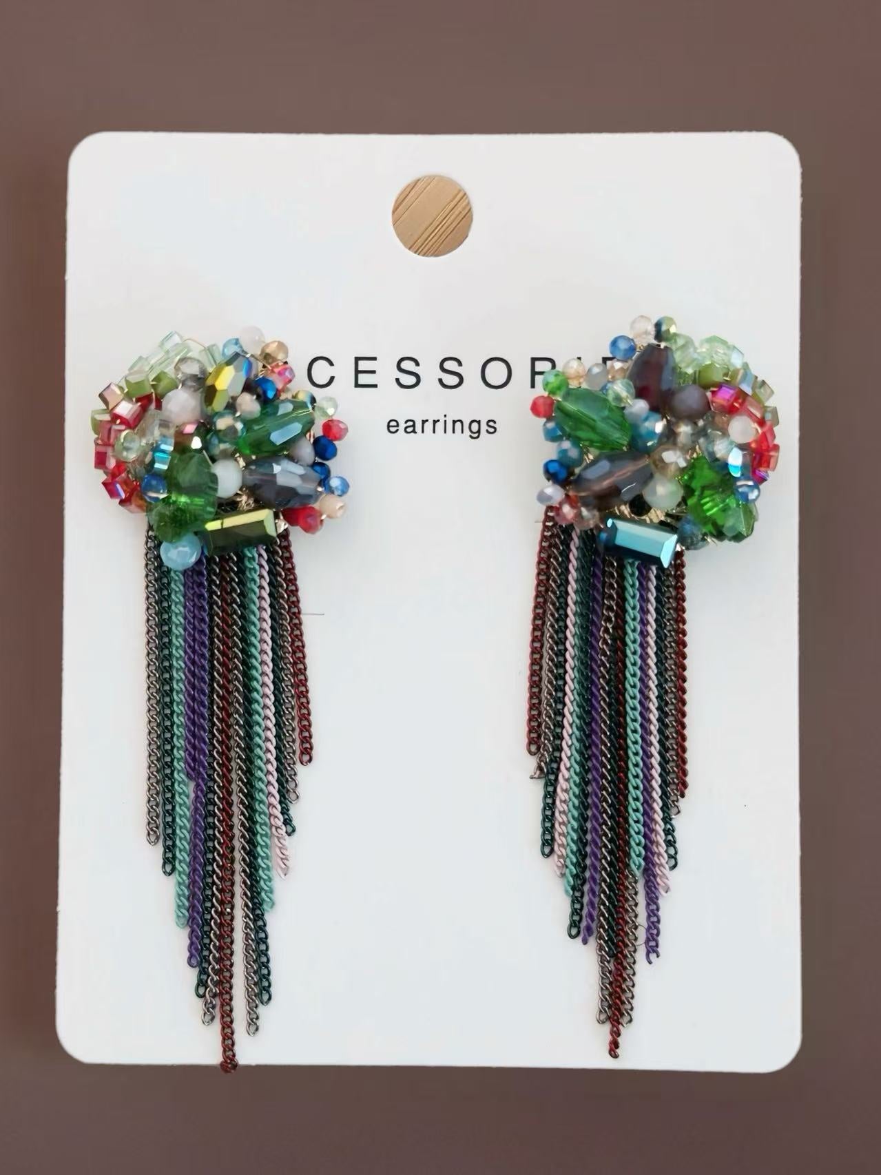 Colorful Beaded Cluster Earrings with Draped Chain Fringe