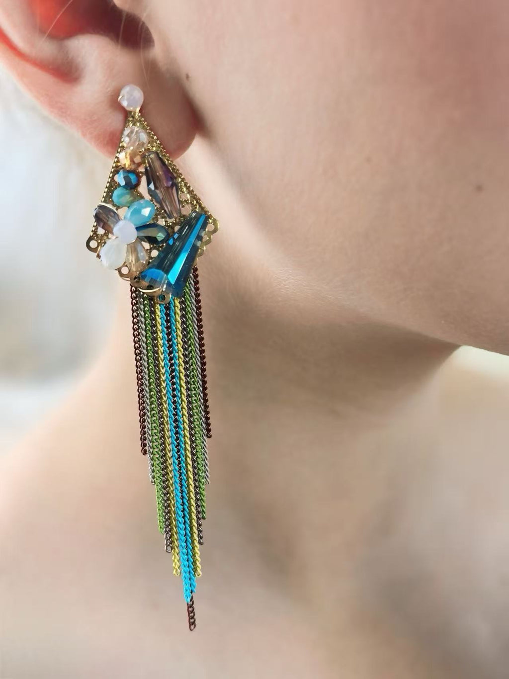 Geometric Floral Statement Earring with Multicolor Chain Fringe