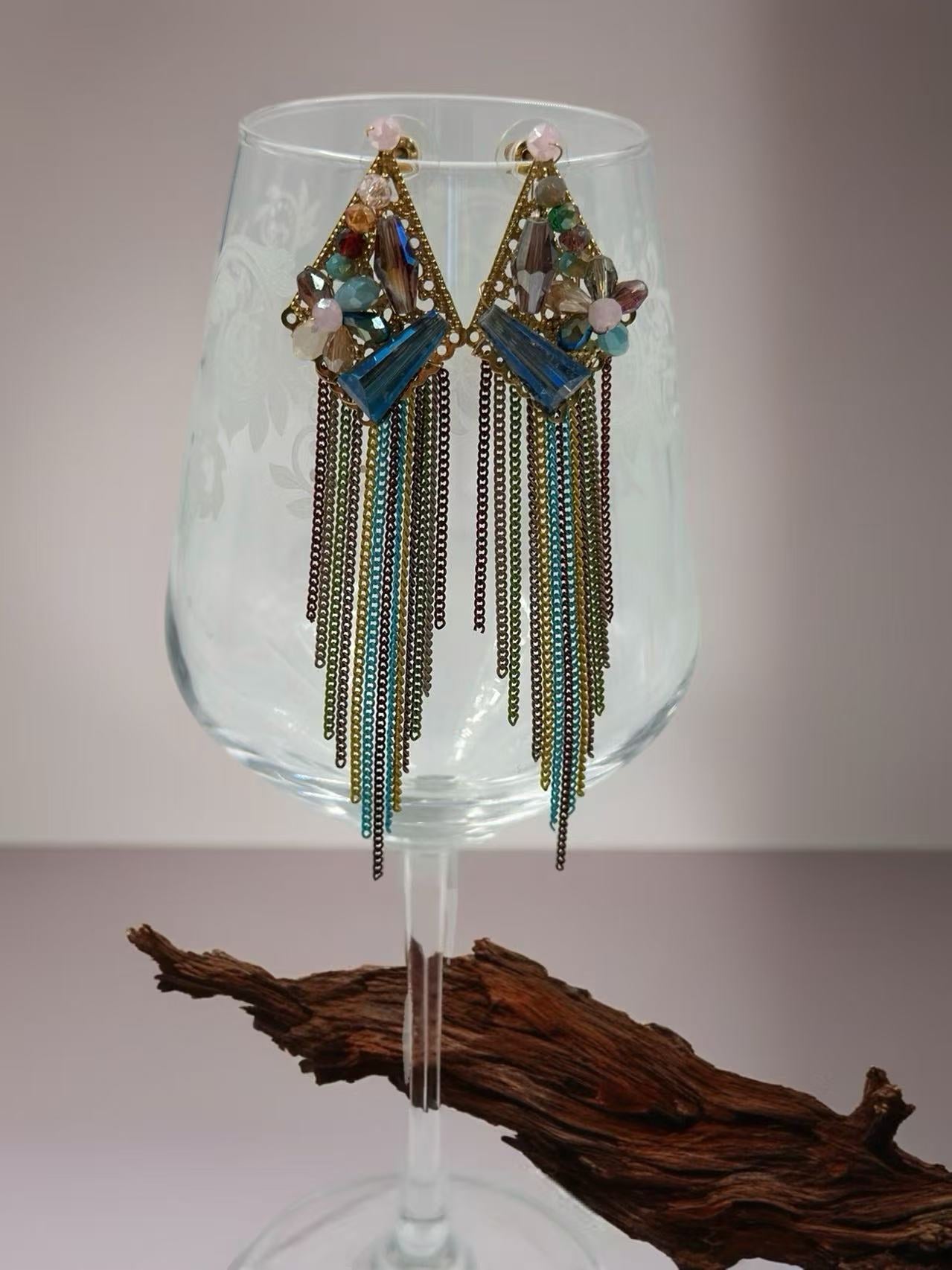 Geometric Floral Statement Earring with Multicolor Chain Fringe