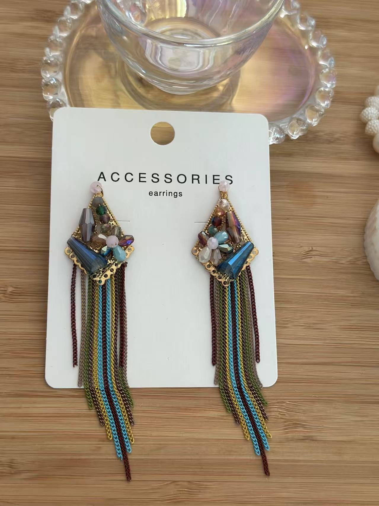 Geometric Floral Statement Earring with Multicolor Chain Fringe
