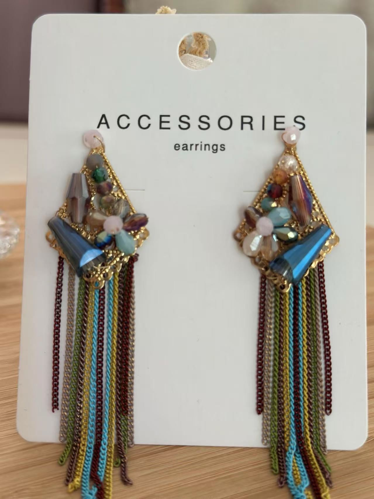 Geometric Floral Statement Earring with Multicolor Chain Fringe