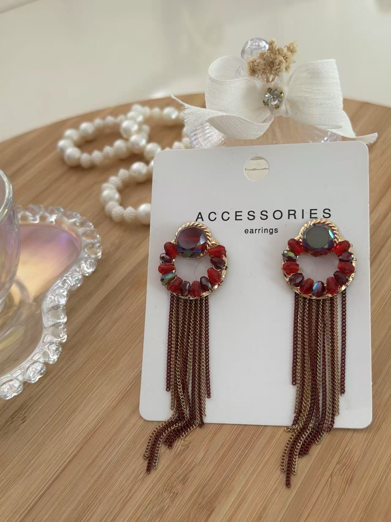 Crimson Gem Hoop Earrings with Gold & Burgundy Chain Fringe