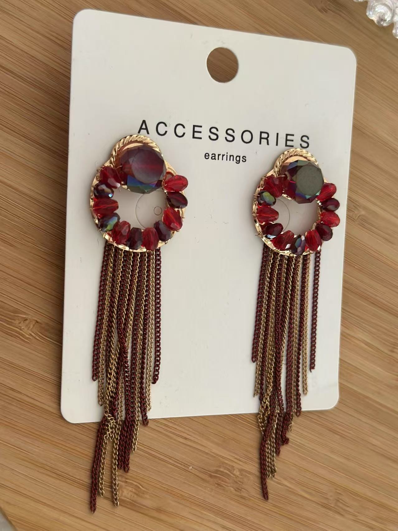 Crimson Gem Hoop Earrings with Gold & Burgundy Chain Fringe