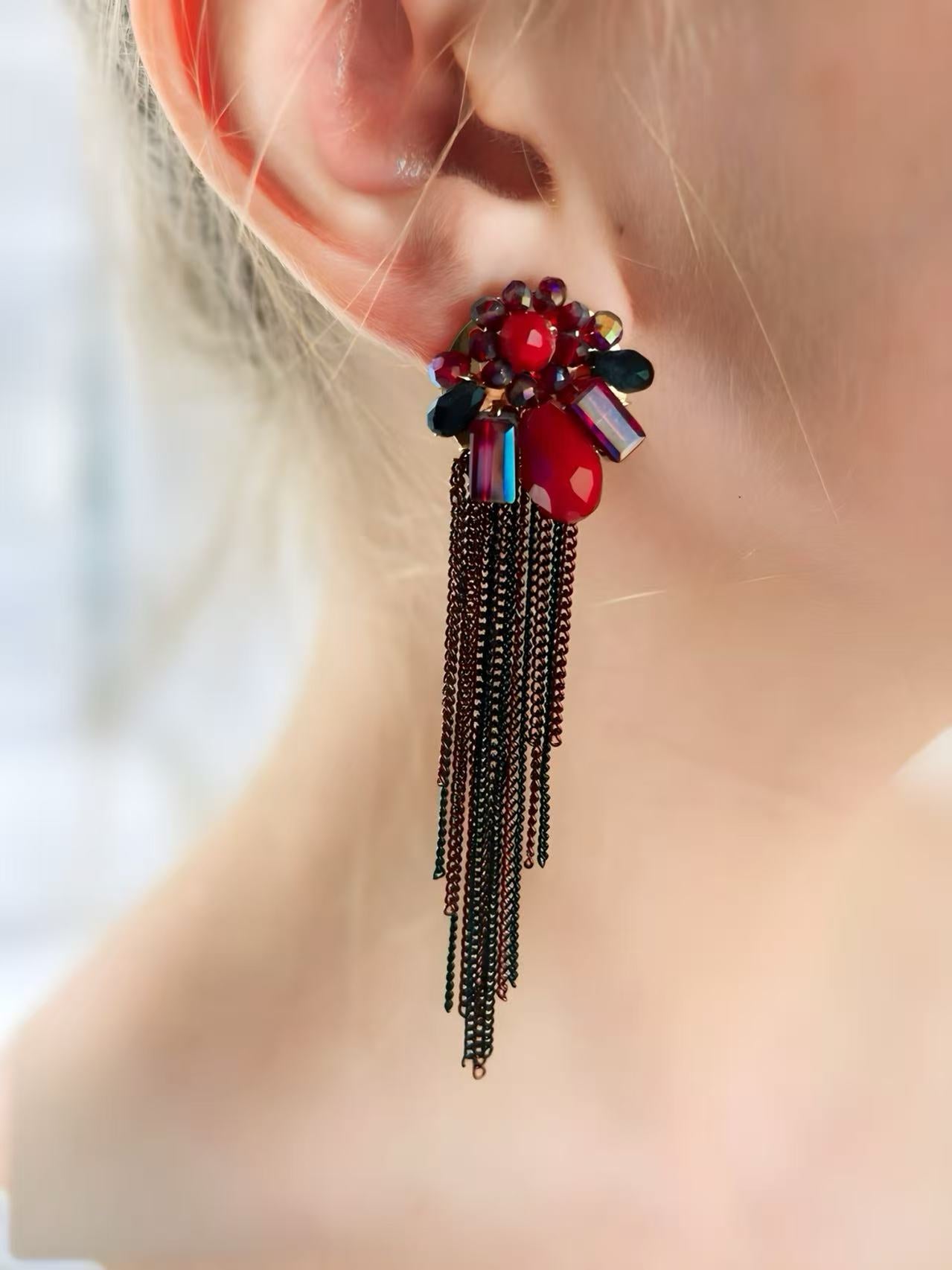 Ruby Cluster Earring with Iridescent Accents and Dark Chain Fringe