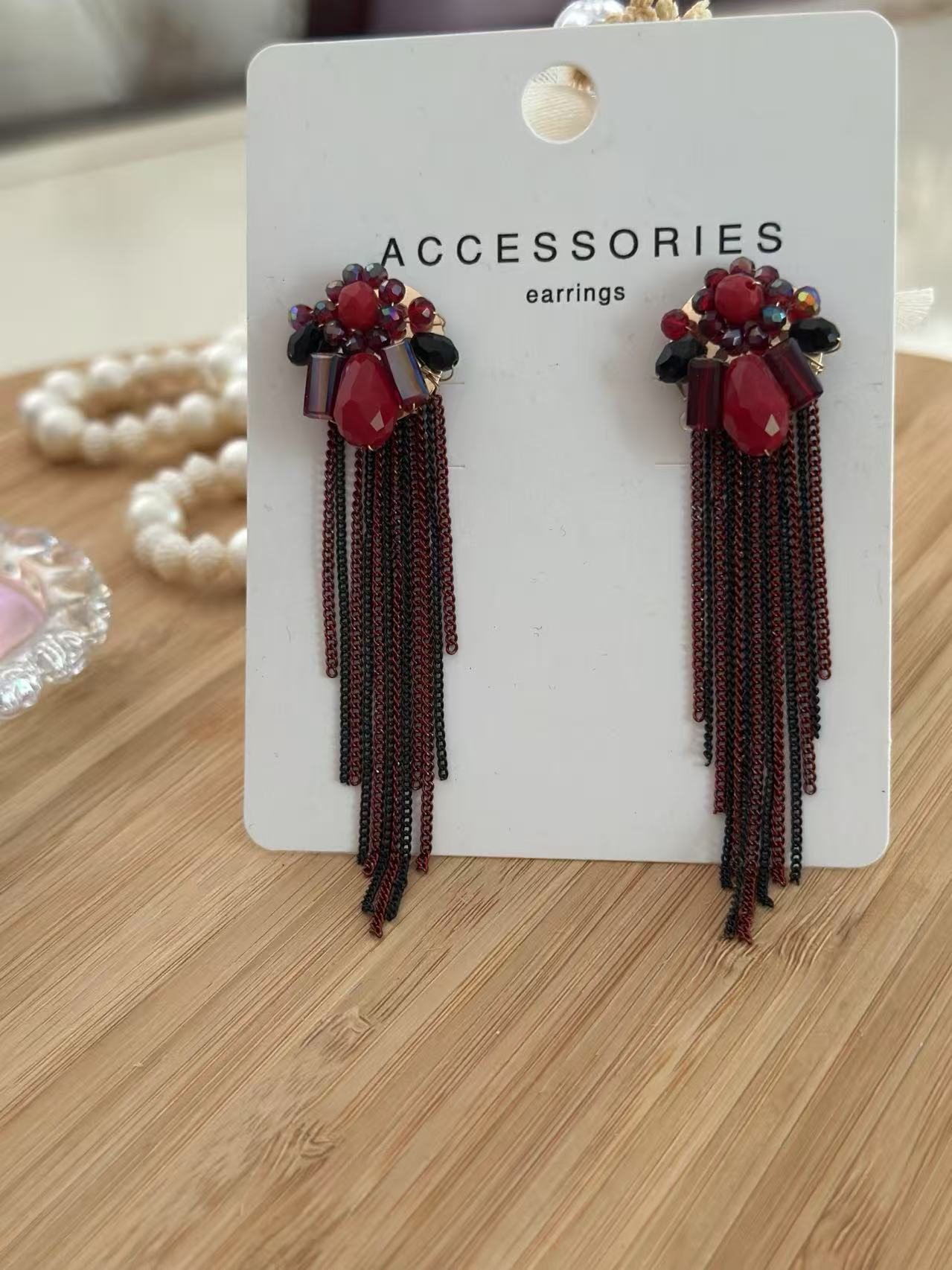 Ruby Cluster Earring with Iridescent Accents and Dark Chain Fringe