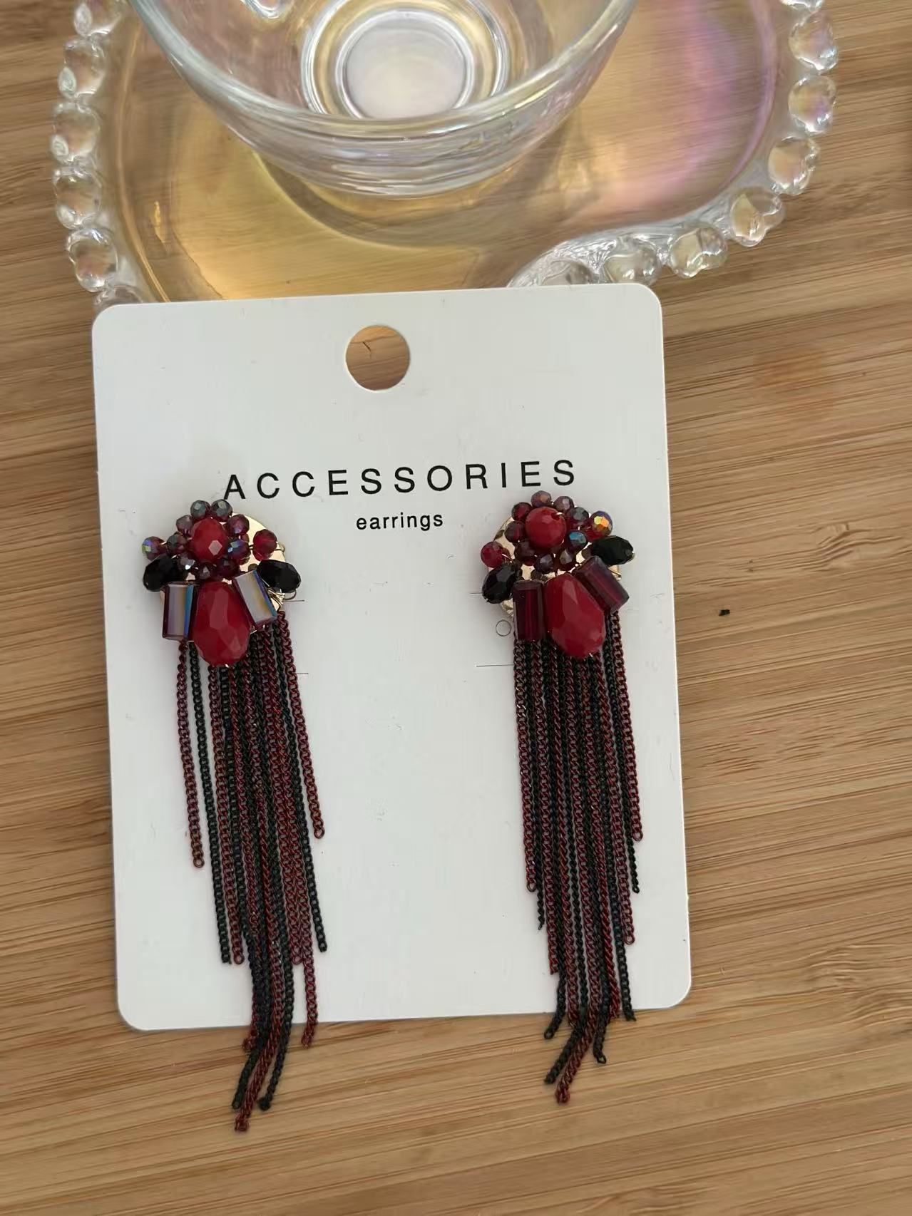 Ruby Cluster Earring with Iridescent Accents and Dark Chain Fringe