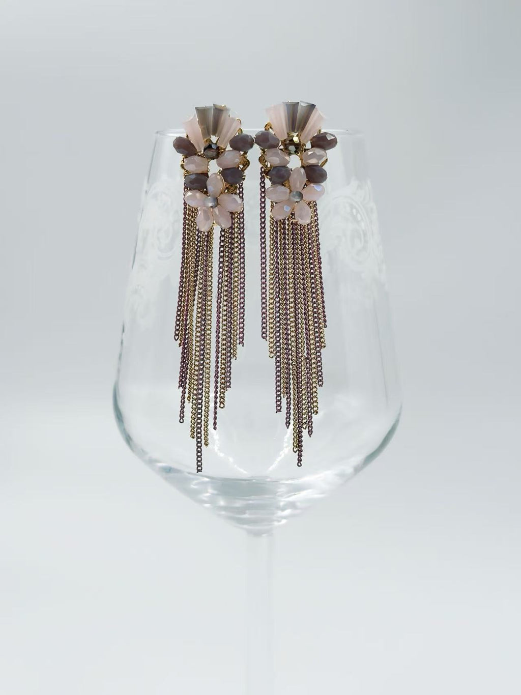 Blush Blossom Earrings with Gold and Plum Chain Fringe