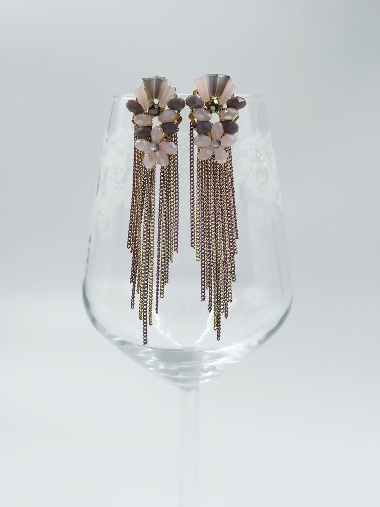 Blush Blossom Earrings with Gold and Plum Chain Fringe
