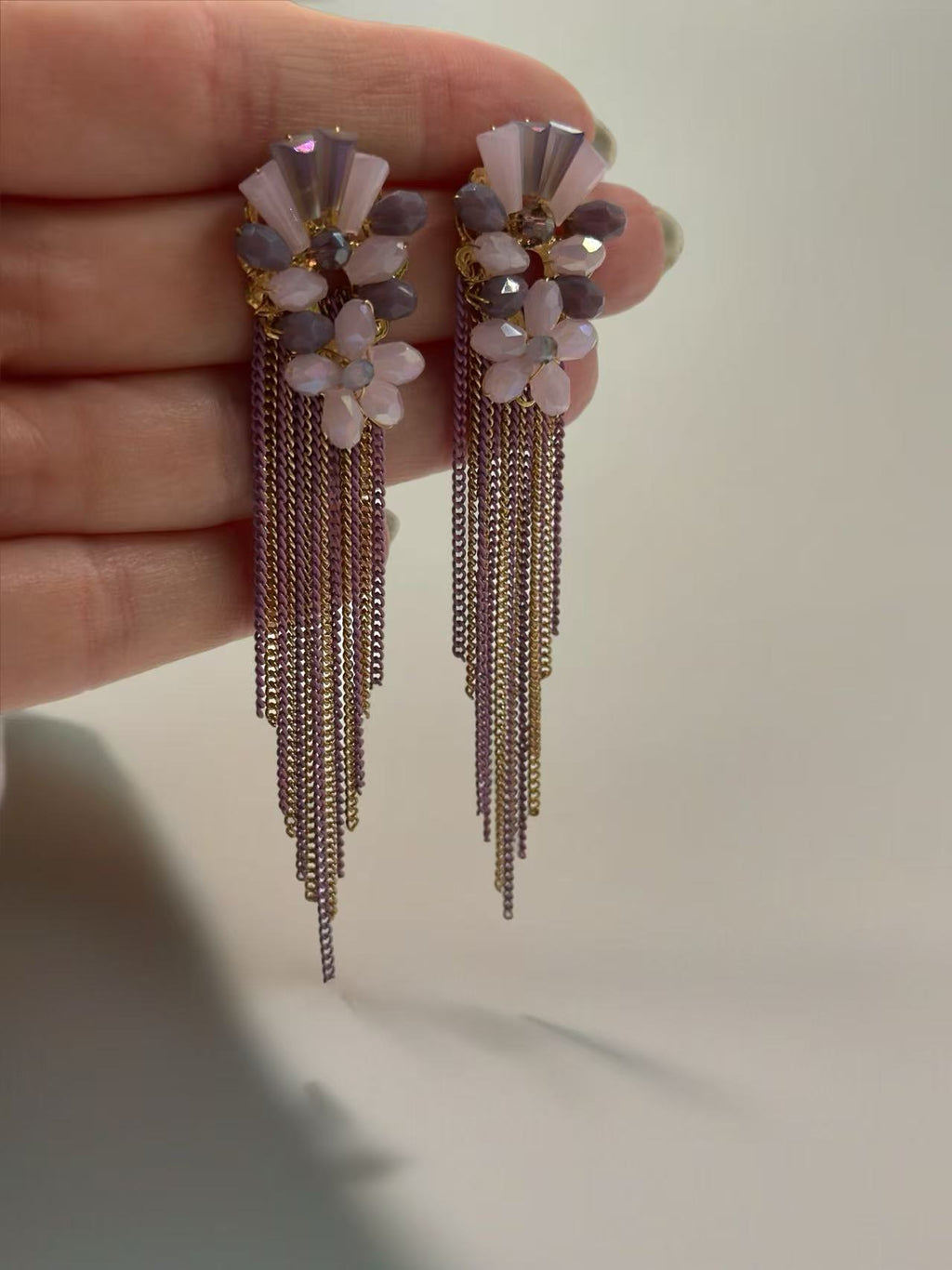 Blush Blossom Earrings with Gold and Plum Chain Fringe
