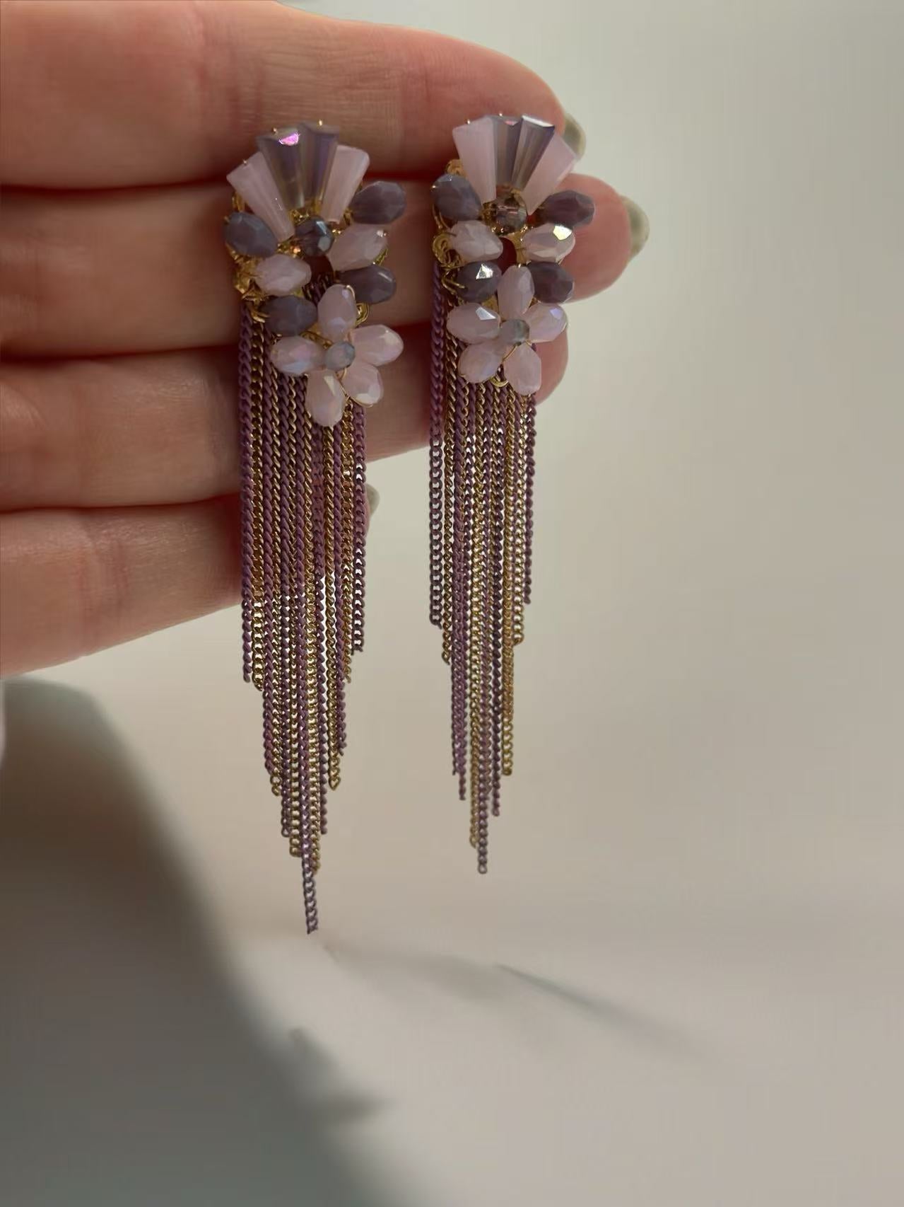 Blush Blossom Earrings with Gold and Plum Chain Fringe