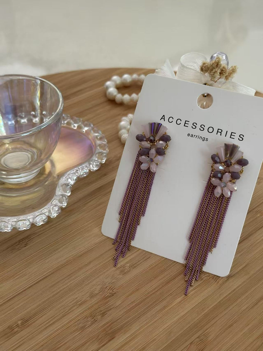 Blush Blossom Earrings with Gold and Plum Chain Fringe