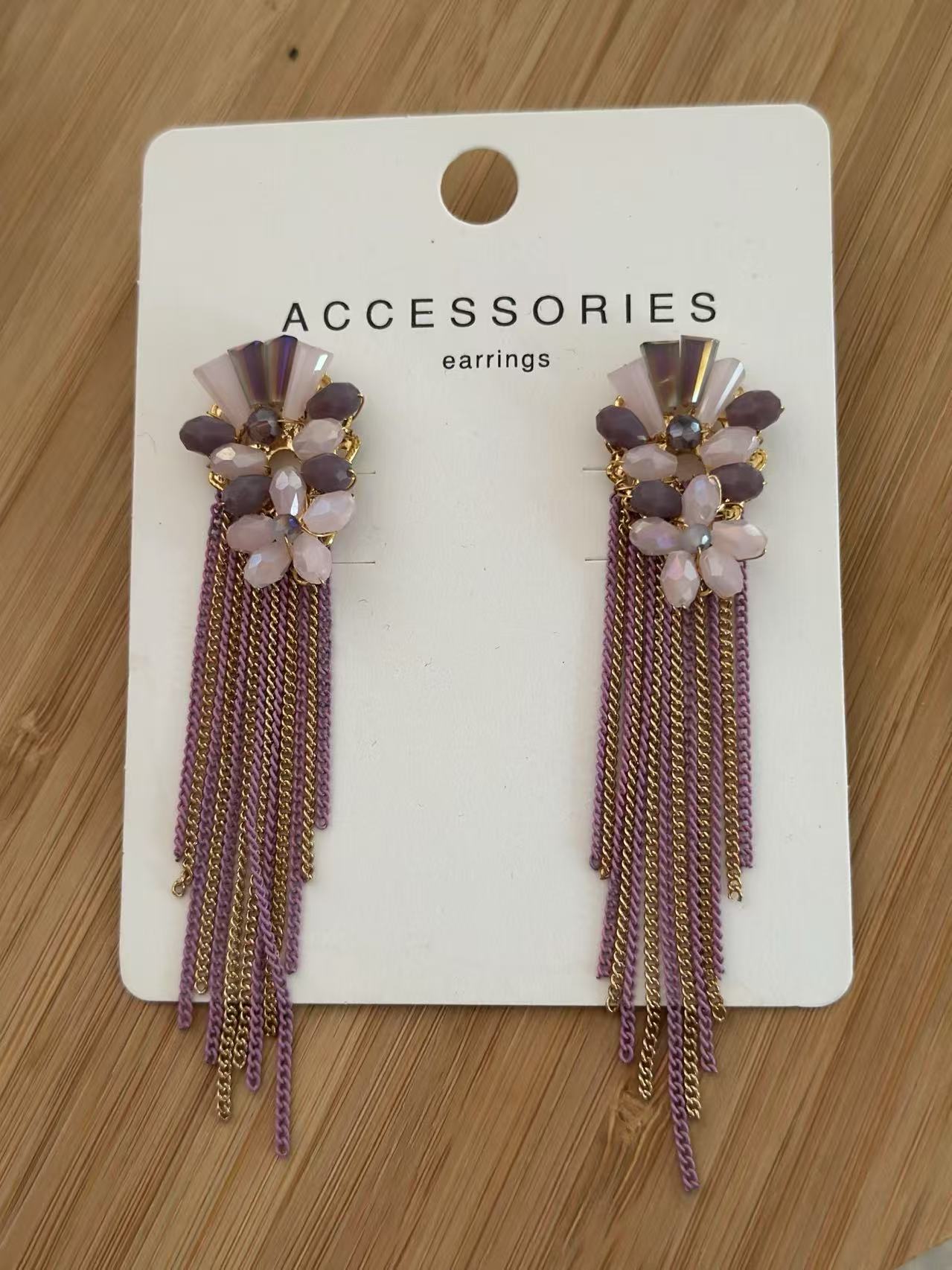 Blush Blossom Earrings with Gold and Plum Chain Fringe