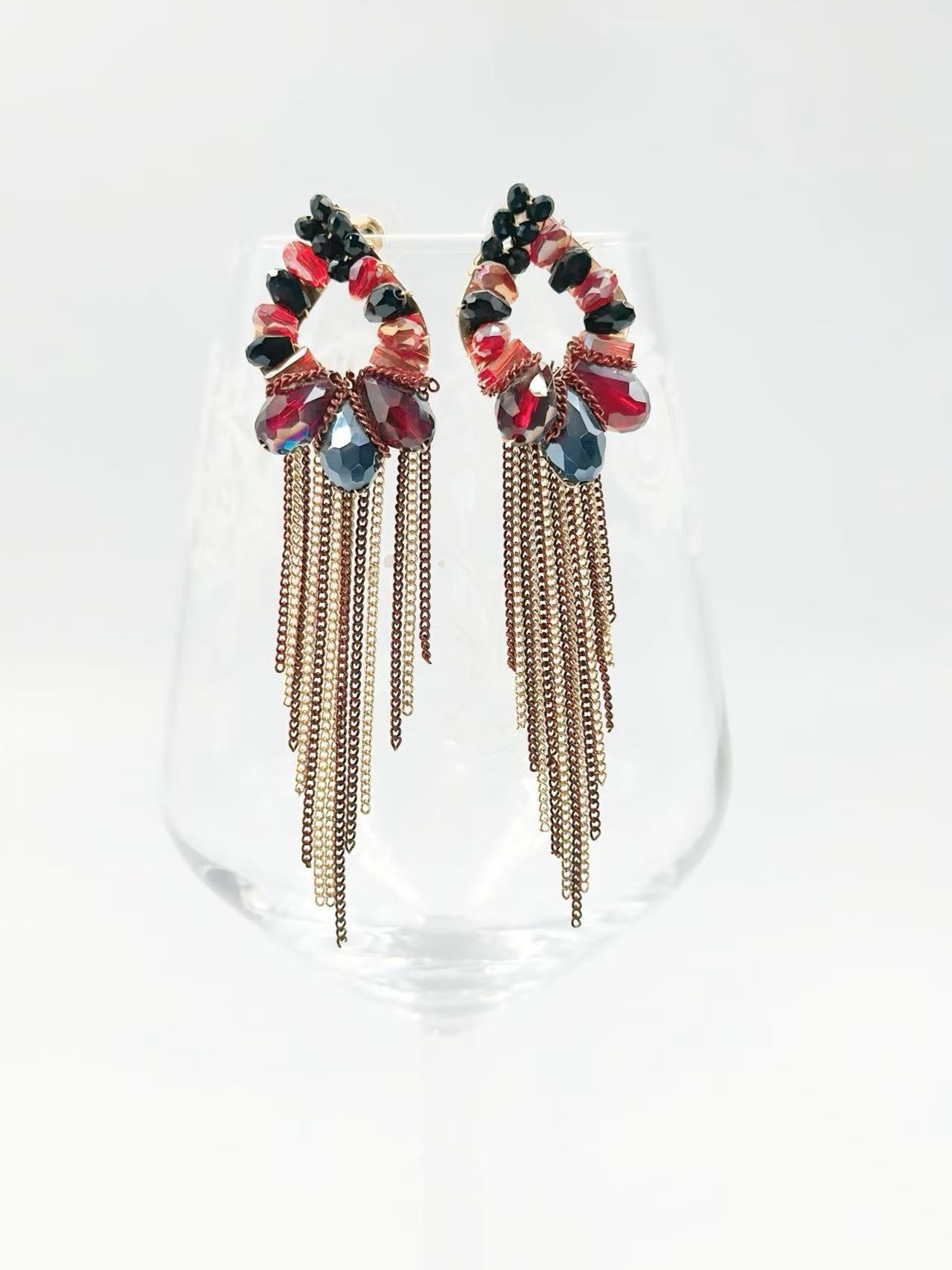 Crimson Flame Hoop Earrings with Golden Fringe