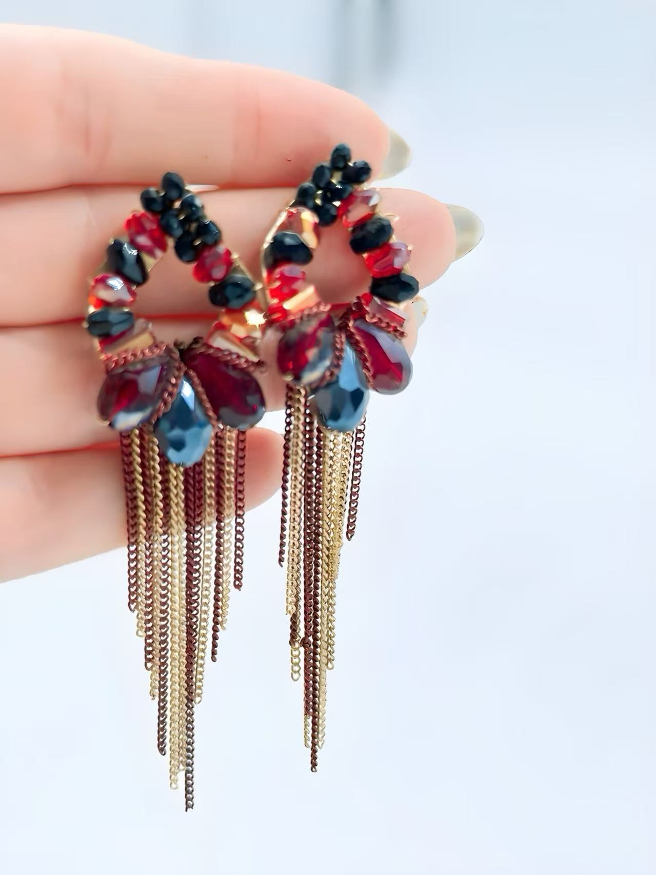 Crimson Flame Hoop Earrings with Golden Fringe