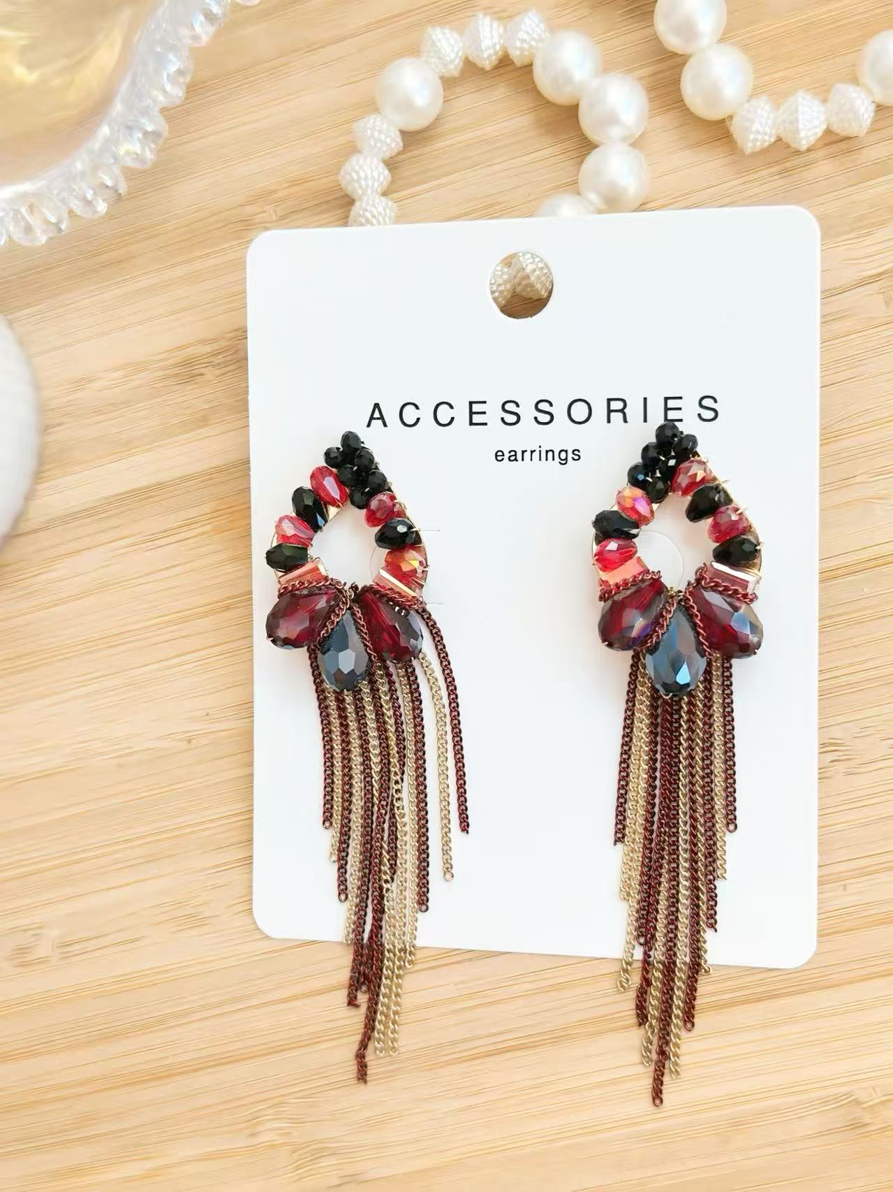 Crimson Flame Hoop Earrings with Golden Fringe