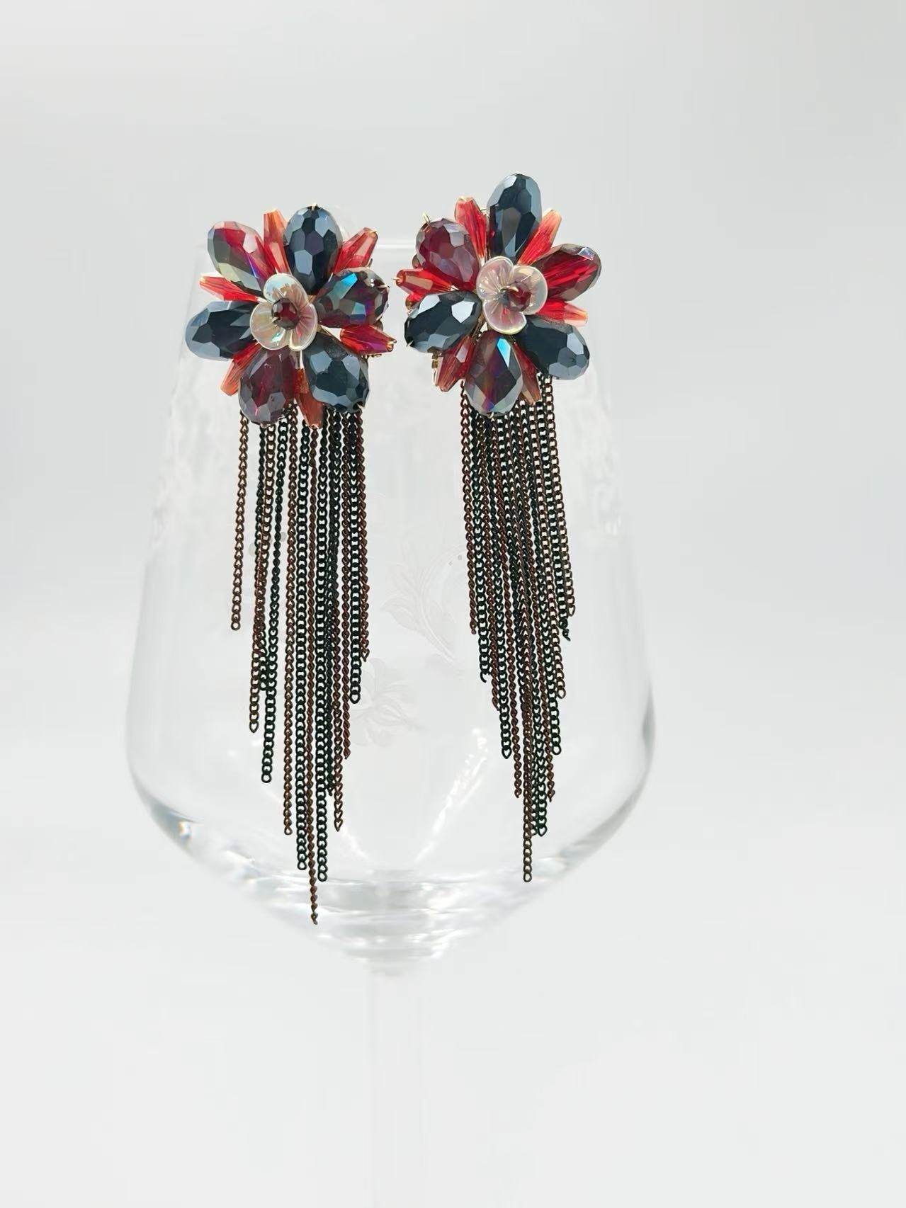 Midnight Bloom Statement Earrings with Cascading Fringe