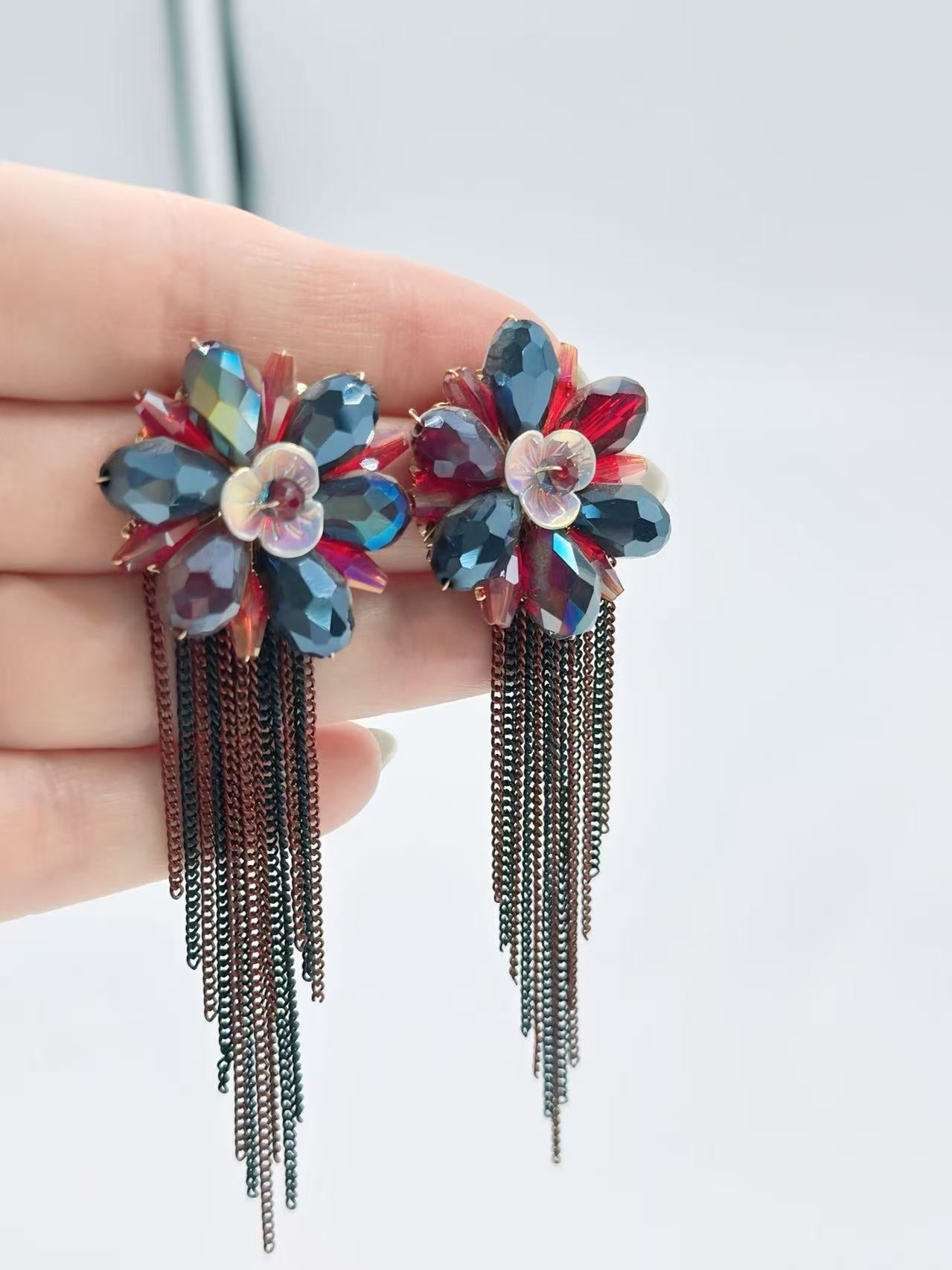 Midnight Bloom Statement Earrings with Cascading Fringe