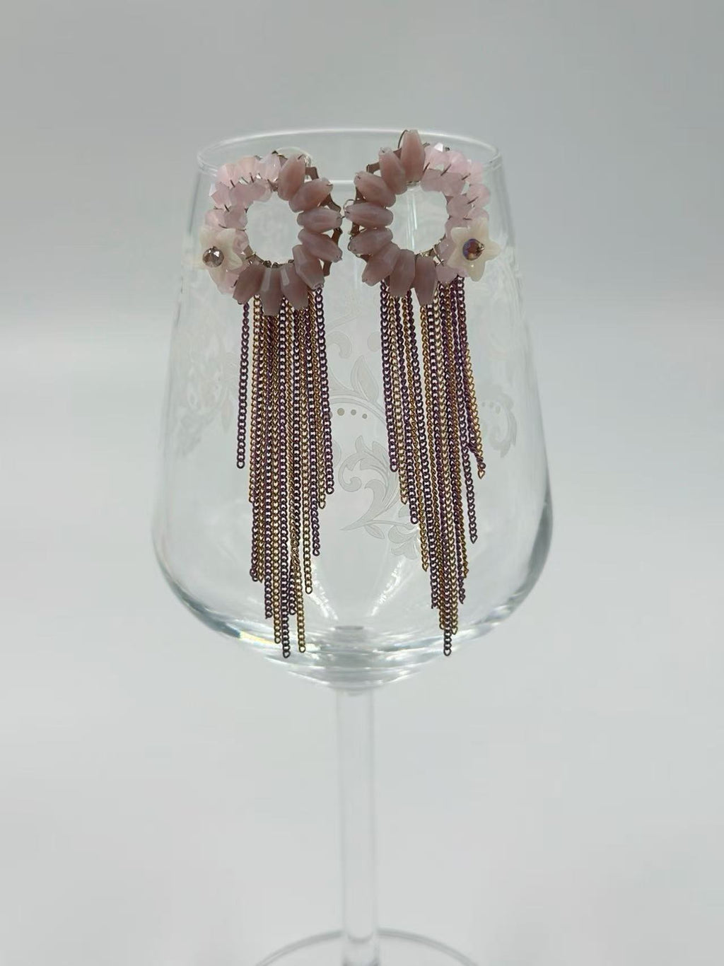 Elegant Pink Floral Hoop Earrings with Beaded Tassels