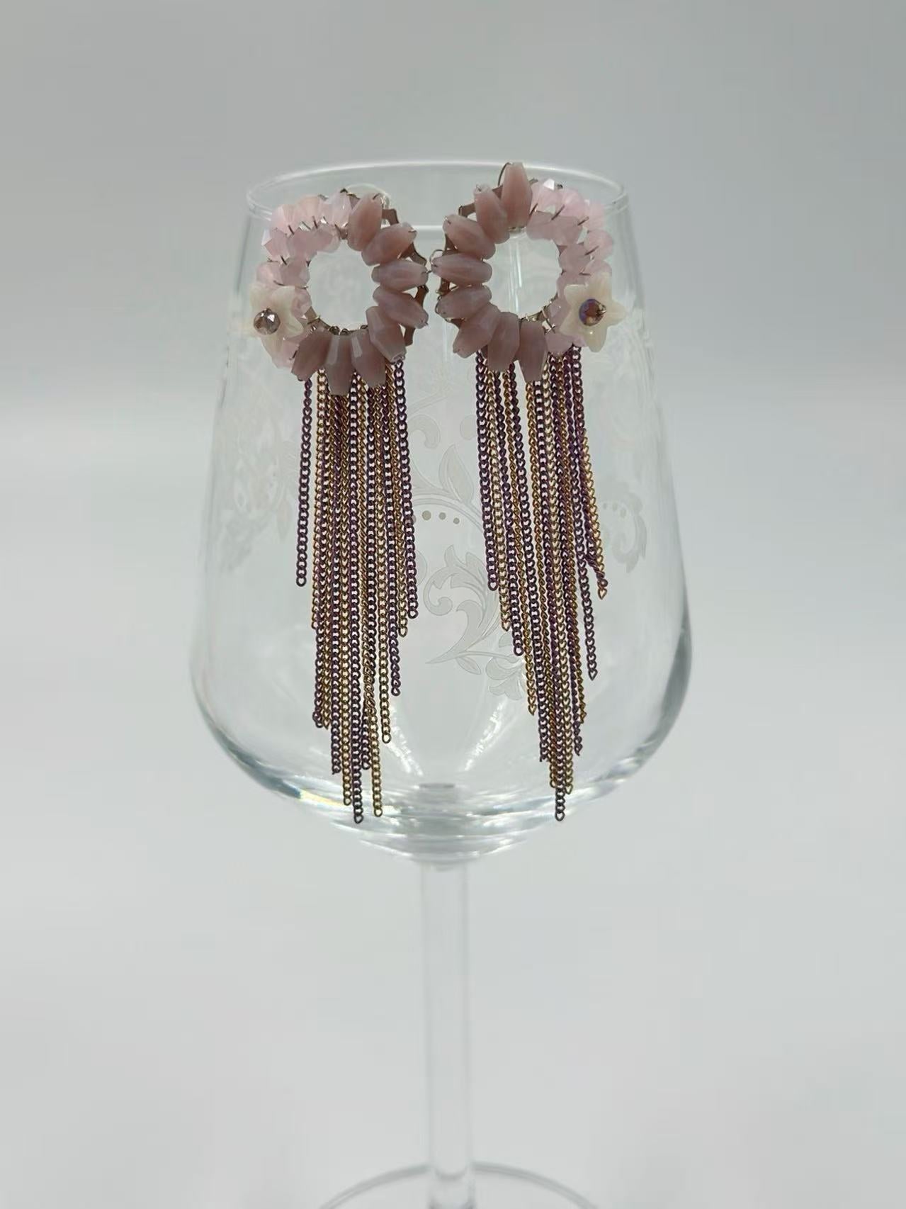 Elegant Pink Floral Hoop Earrings with Beaded Tassels