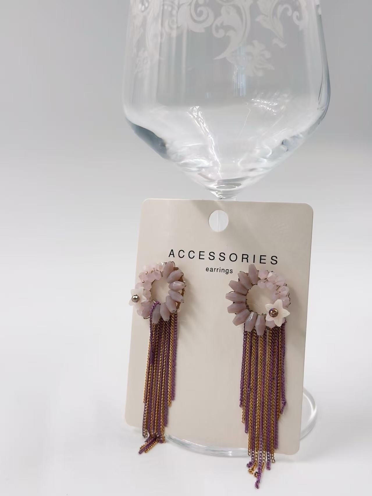 Elegant Pink Floral Hoop Earrings with Beaded Tassels