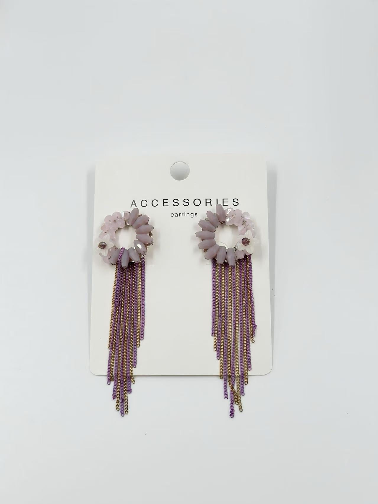 Elegant Pink Floral Hoop Earrings with Beaded Tassels