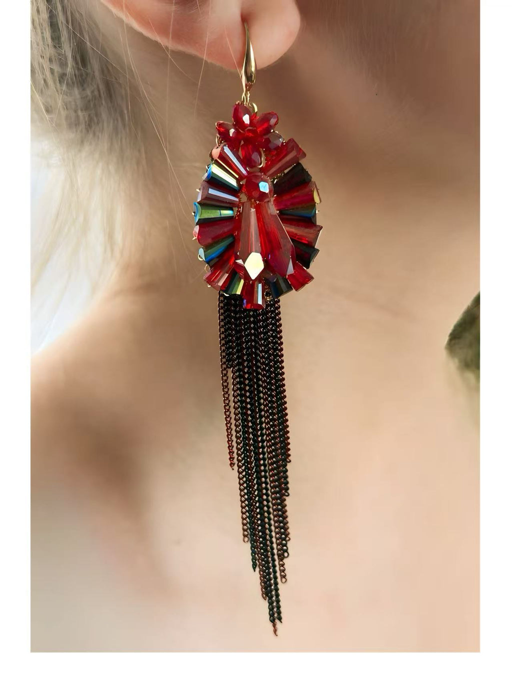 Radiant Red Crystal Drop Earrings with Cascading Chains