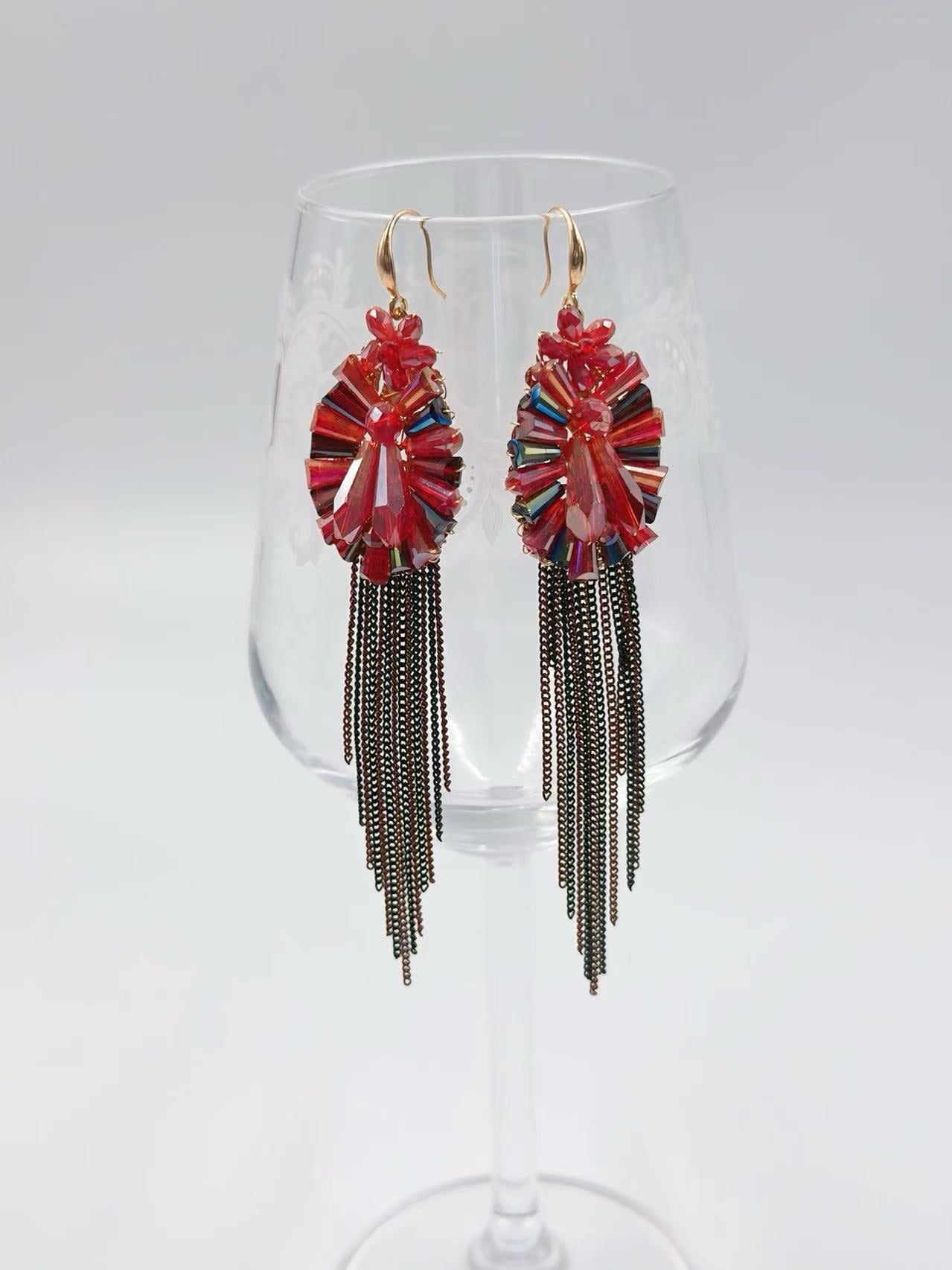 Radiant Red Crystal Drop Earrings with Cascading Chains