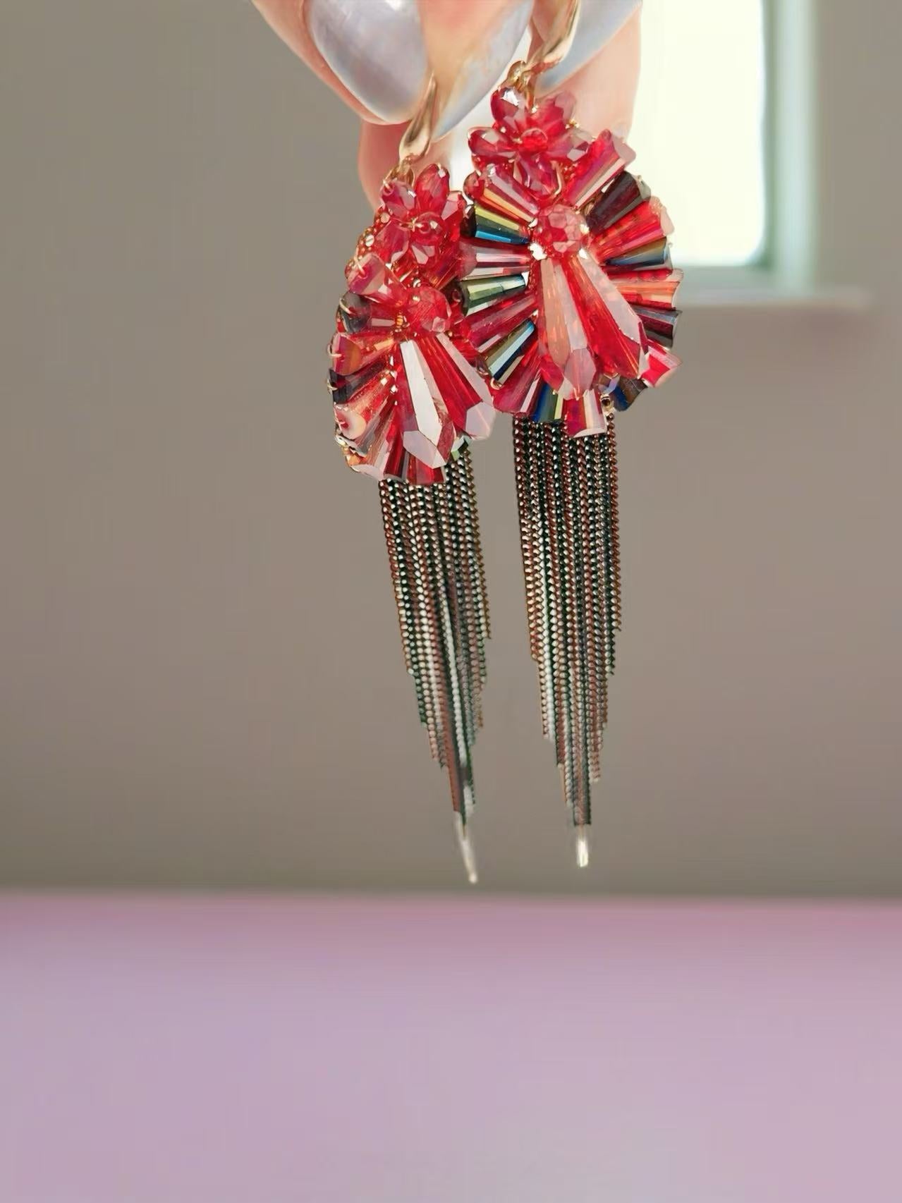 Radiant Red Crystal Drop Earrings with Cascading Chains