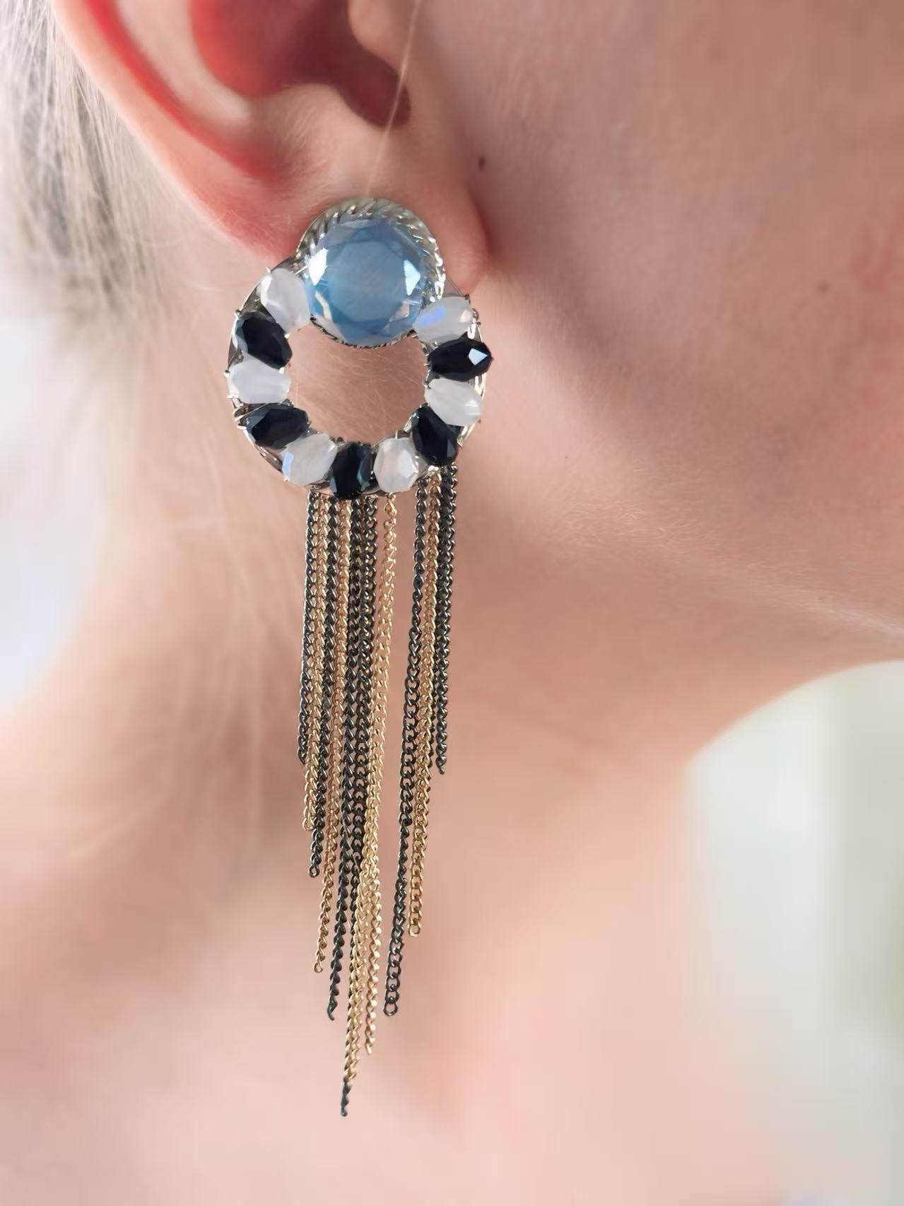 Icy Blue and Monochrome Hoop Earrings with Dual-Tone Chain Fringe