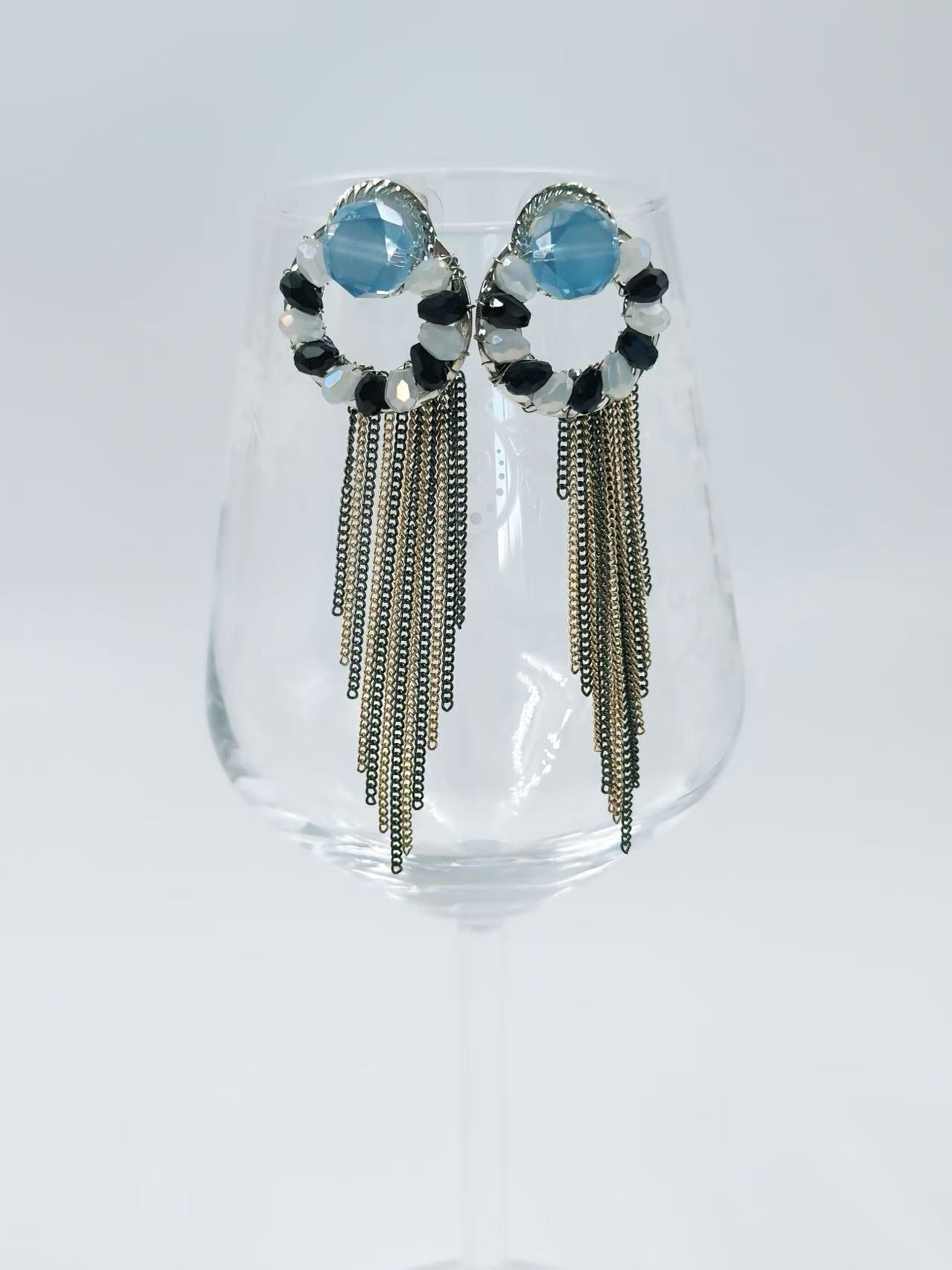 Icy Blue and Monochrome Hoop Earrings with Dual-Tone Chain Fringe