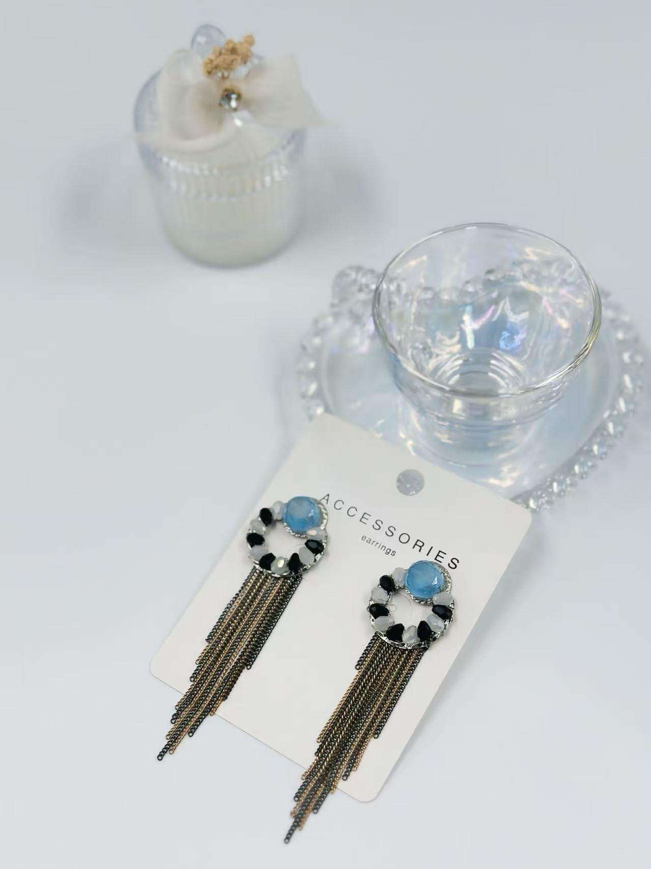 Icy Blue and Monochrome Hoop Earrings with Dual-Tone Chain Fringe