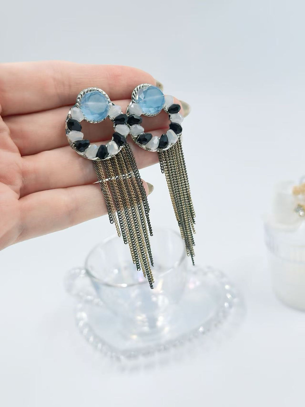 Icy Blue and Monochrome Hoop Earrings with Dual-Tone Chain Fringe