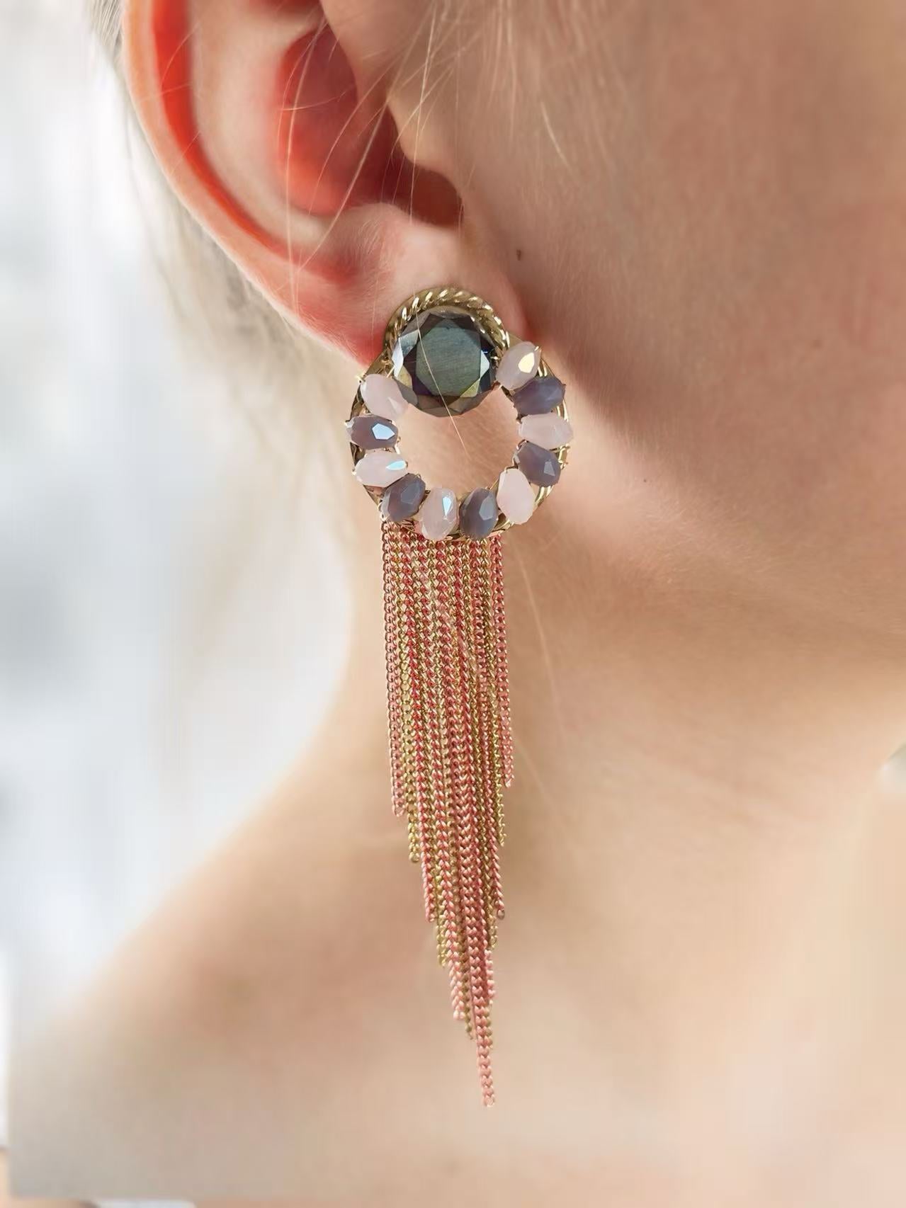 Smoky Crystal Hoop Earrings with Rose-Gold Chain Fringe
