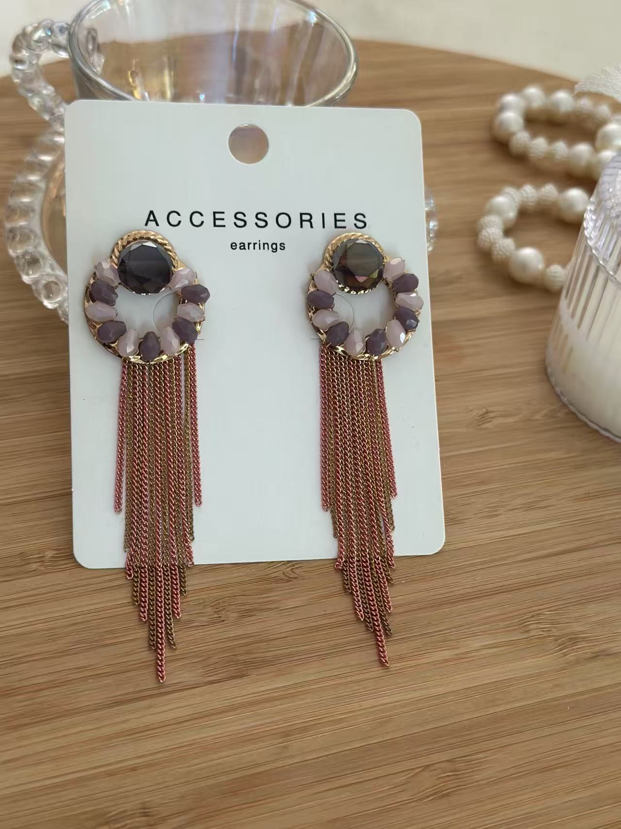 Smoky Crystal Hoop Earrings with Rose-Gold Chain Fringe