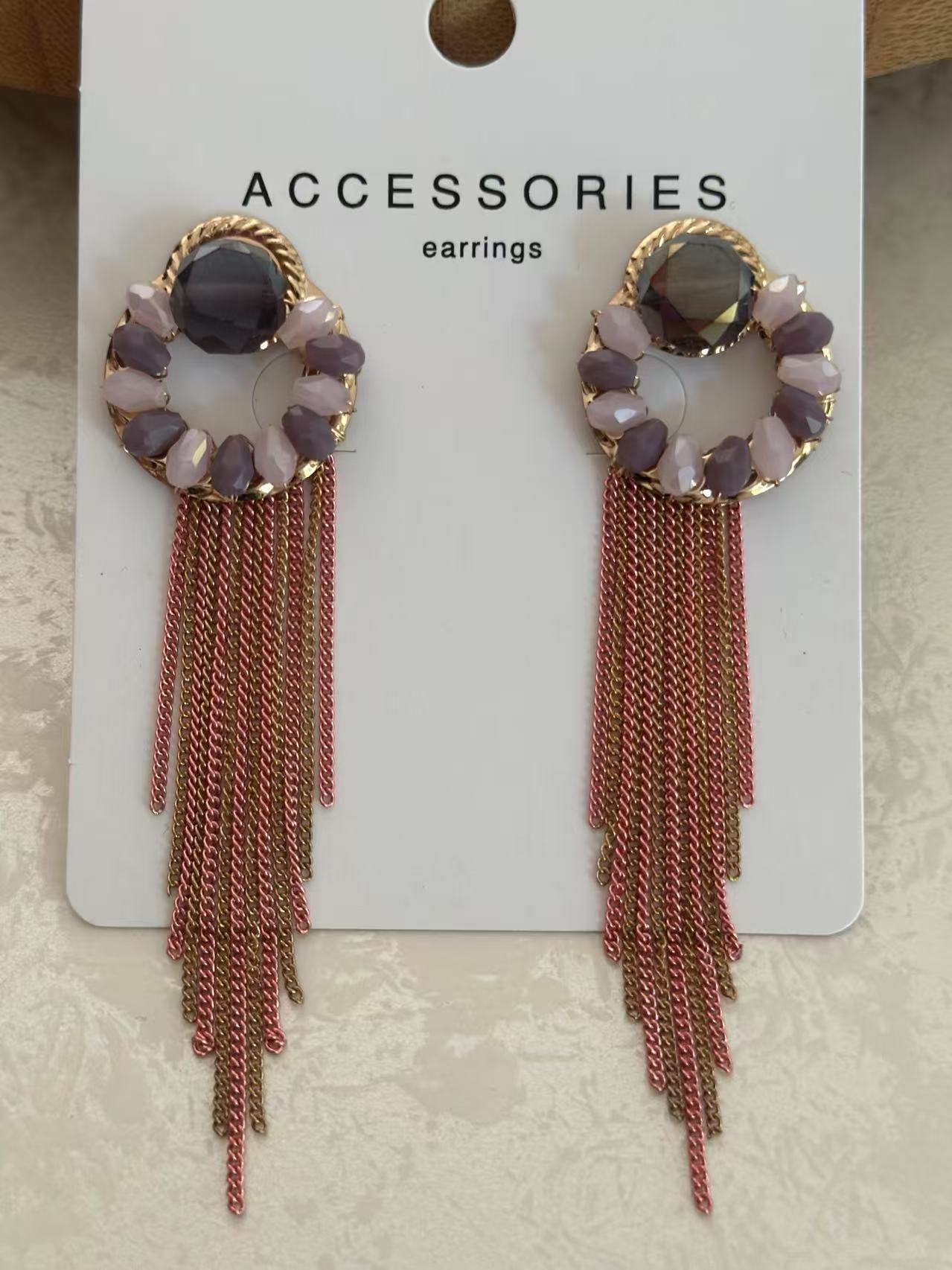 Smoky Crystal Hoop Earrings with Rose-Gold Chain Fringe