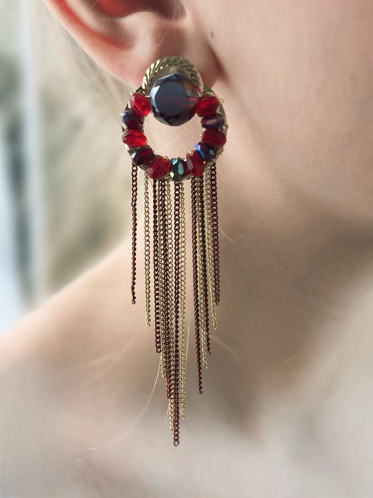 Crimson Gem Hoop Earrings with Gold & Burgundy Chain Fringe