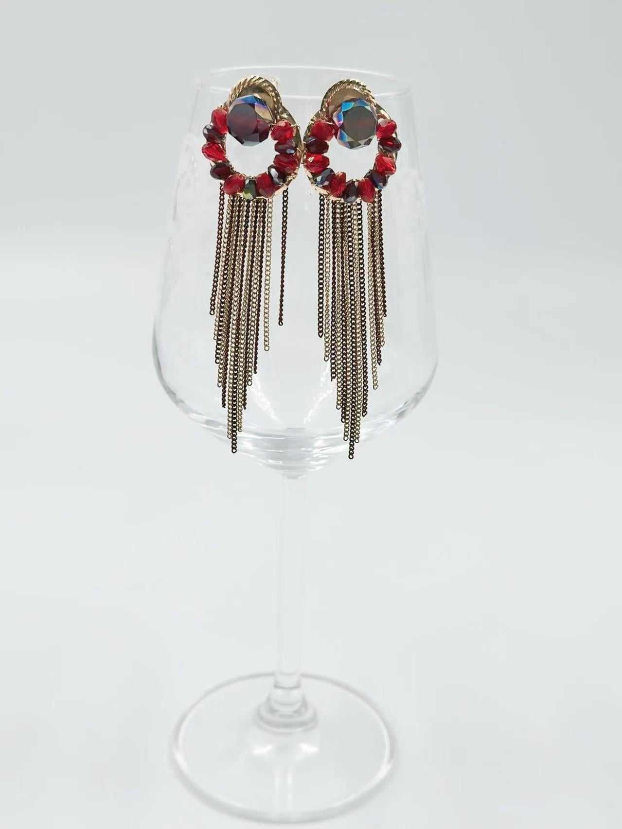 Crimson Gem Hoop Earrings with Gold & Burgundy Chain Fringe