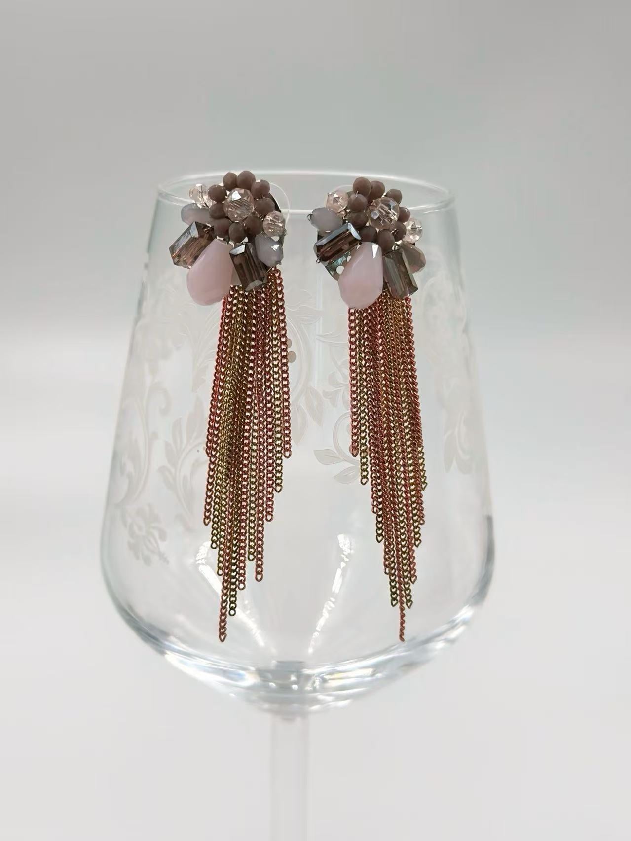 Blush Cluster Earrings with Rose-Gold Layered Tassels