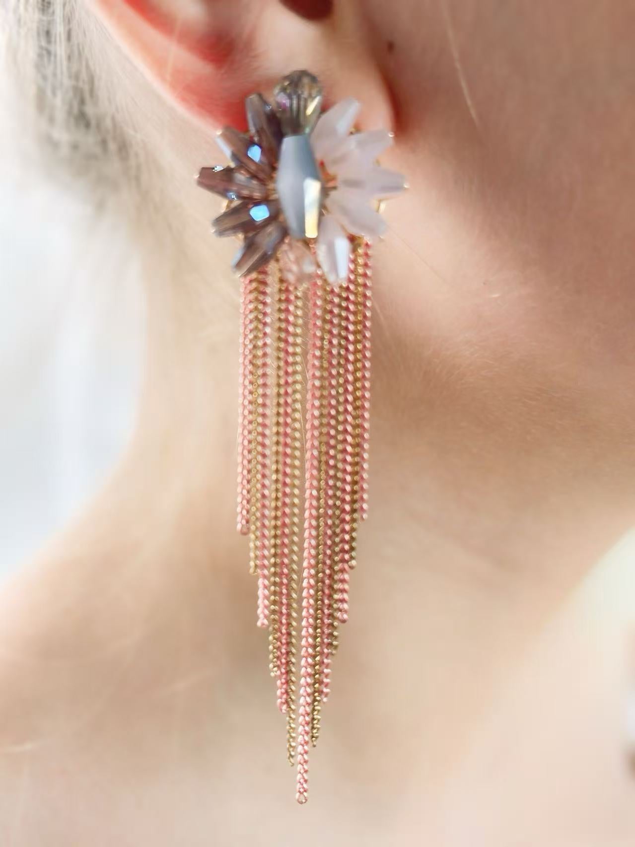 Crystal Burst Earrings with Blush-Gold Draped Chains